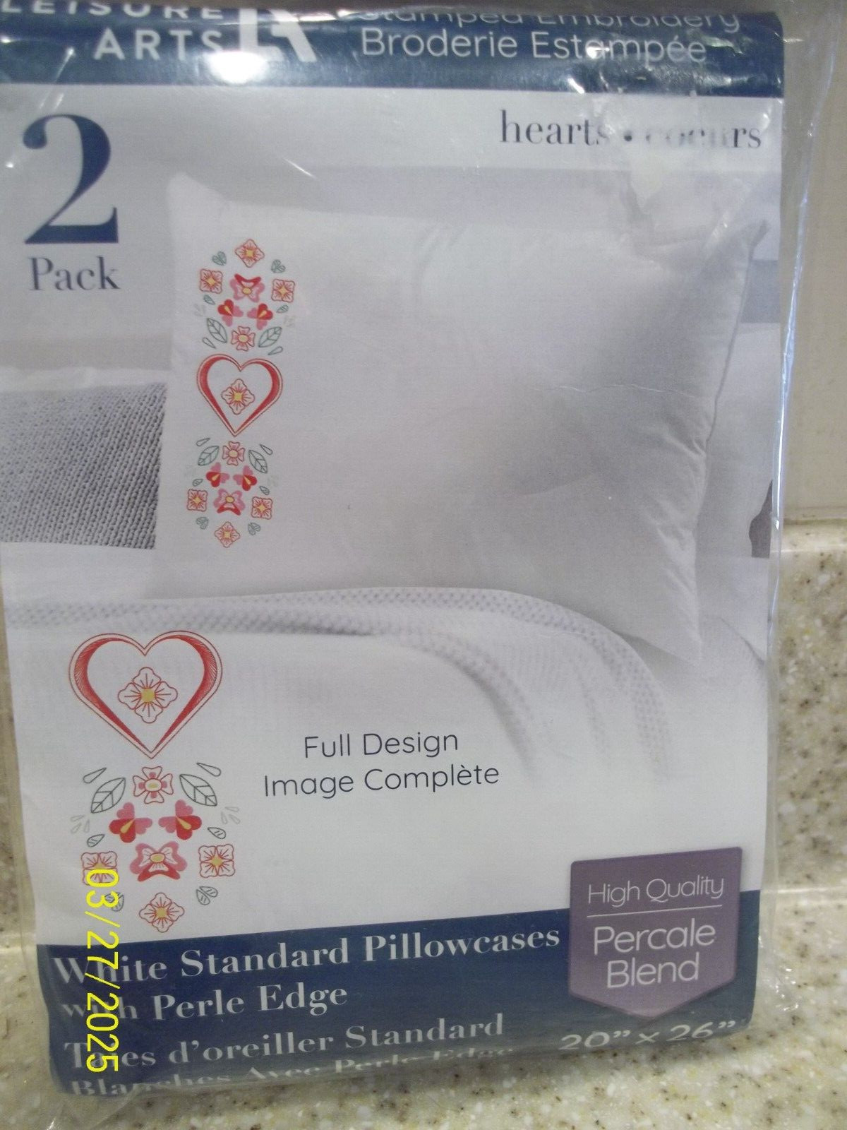 1 Pk of 2 Leisure Arts Pillowcases Stamped Cross Stitch 20x26 Heart  No Thread
