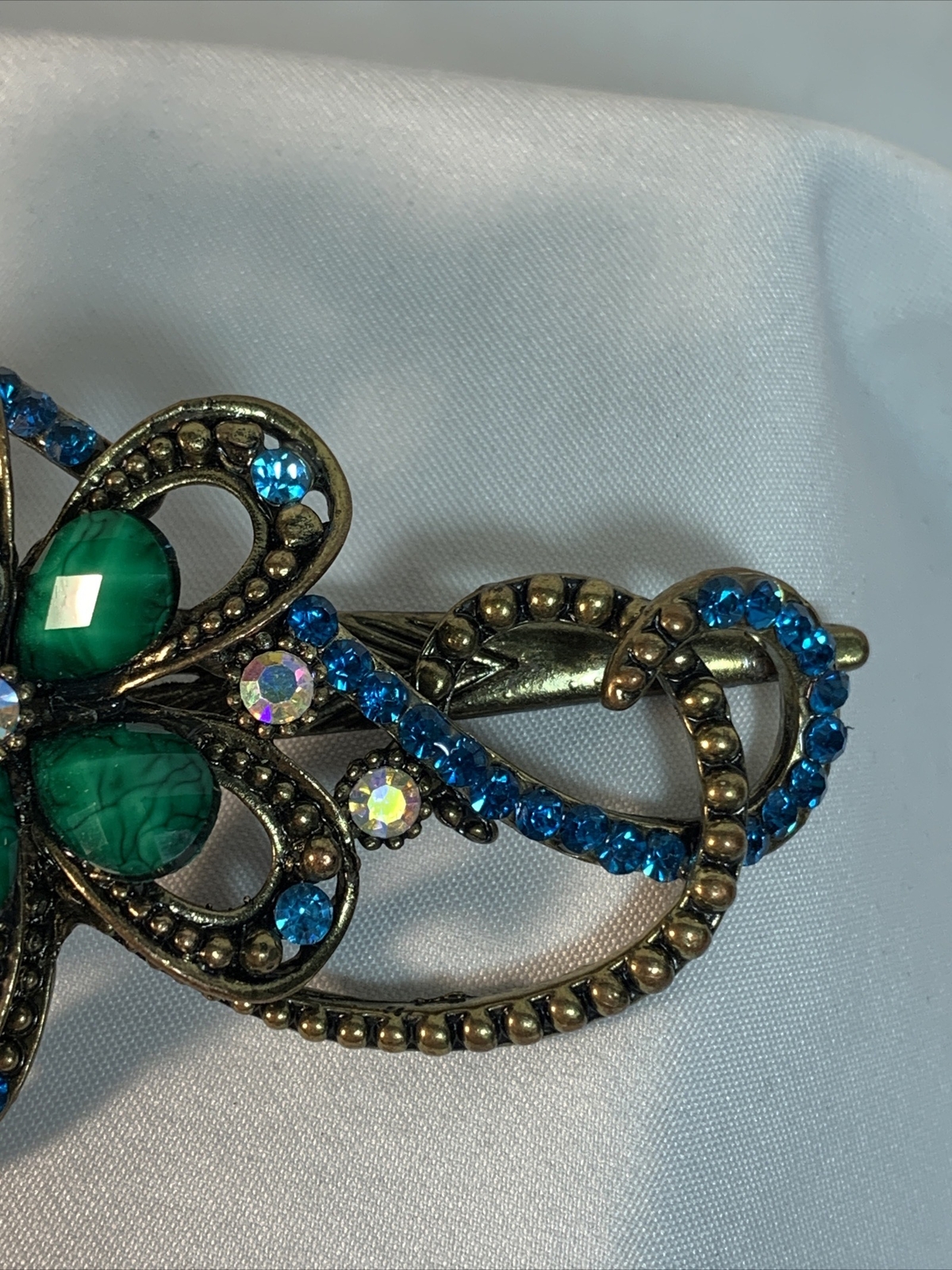 Beaded Bejeweled Retro Green/Blue Burnished Gold 4" Hair Clip