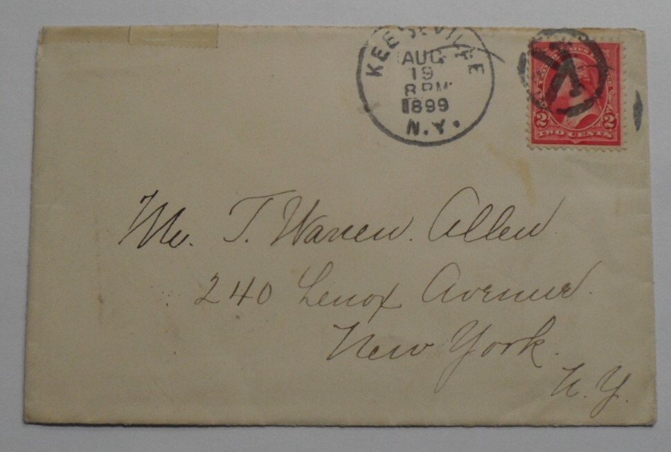 STAMPMART : USA KEESEVILLE NEW YORK 1899 "K" POSTMARK 2c #220 WASH. LOCAL COVER