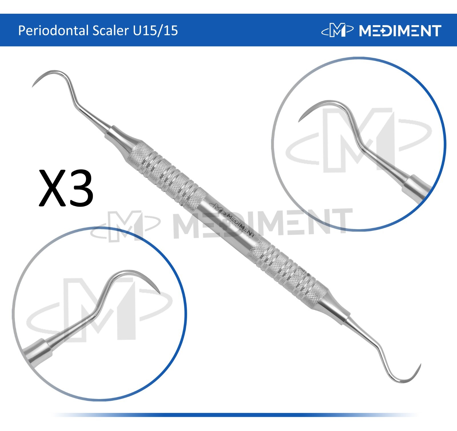X3 DENTAL INSTRUMENT HYGIENE PERIODONTAL SCALER U15/15 8MM HOLLOW GRIP STAINLESS