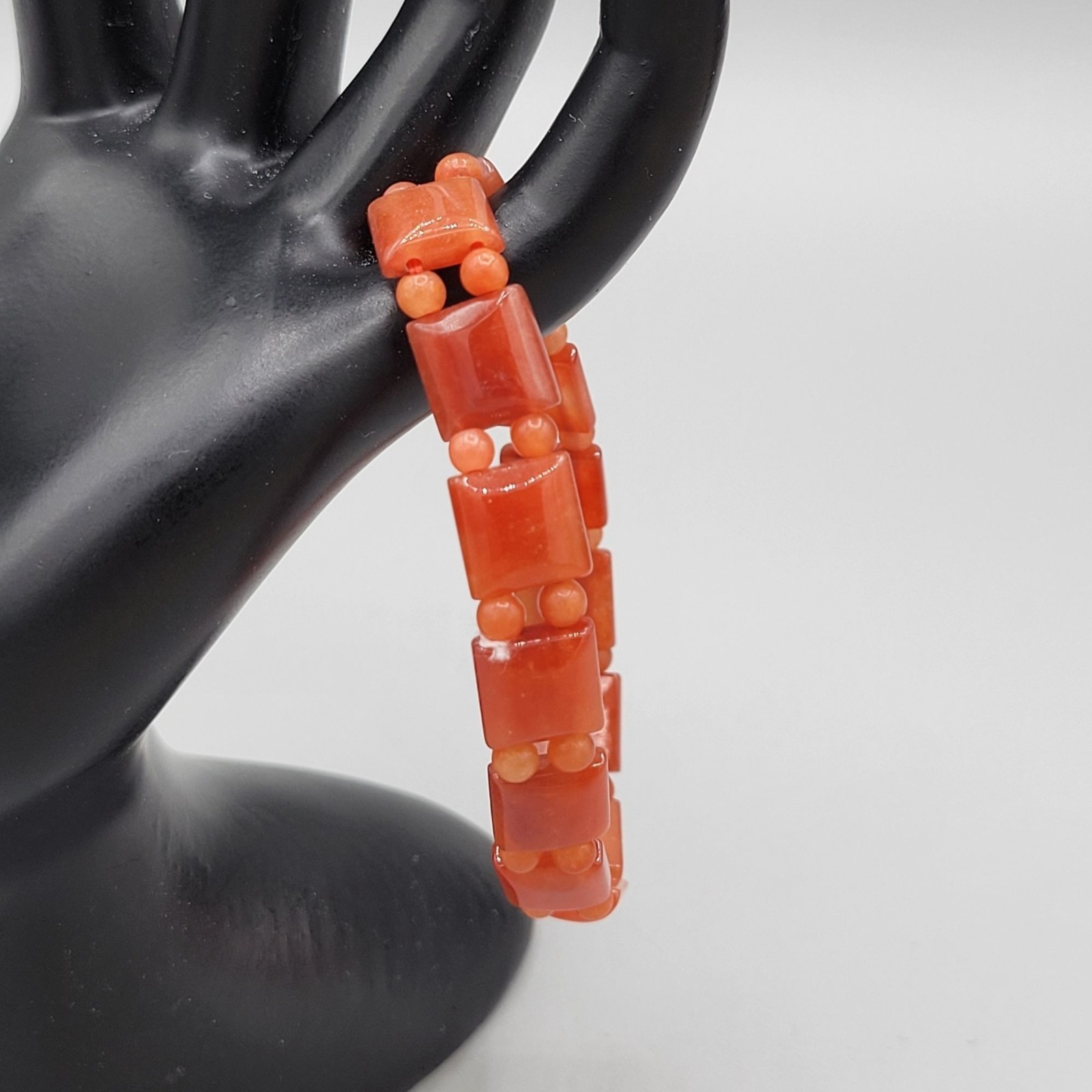Polished Carnelian Agate Stone Stretch Bracelet Beaded Red Orange Color