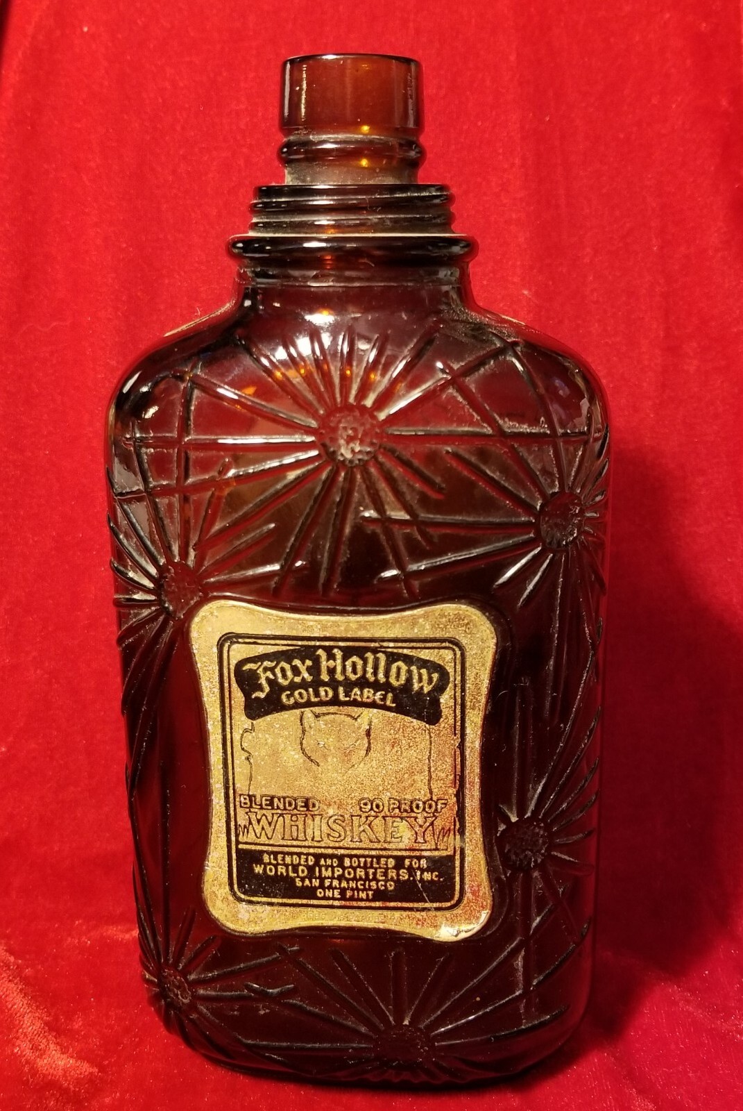 1934 Fox Hollow Whiskey Empty Pint Antique vtg Amber Starburst Glass Bottle 30s