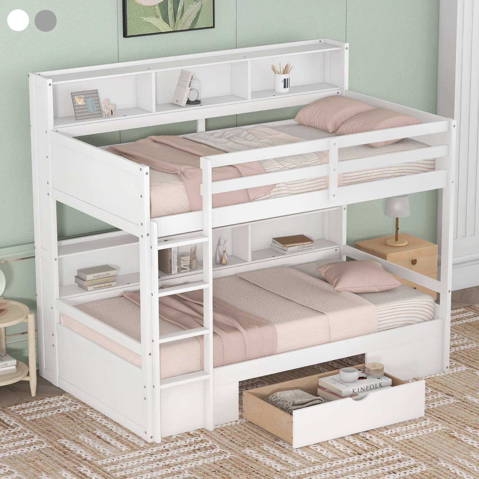 Twin Size Bunk Bed with Built-in Shelves Storage Drawer Wood Upper and Down Bed