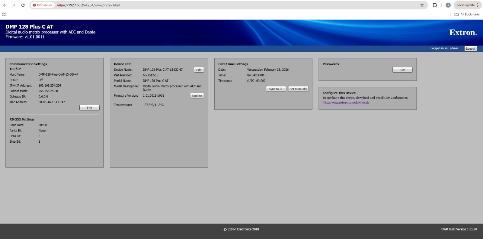 Extron DMP 128 Plus C AT 12×8 Digital Matrix Processor 60-1512-10