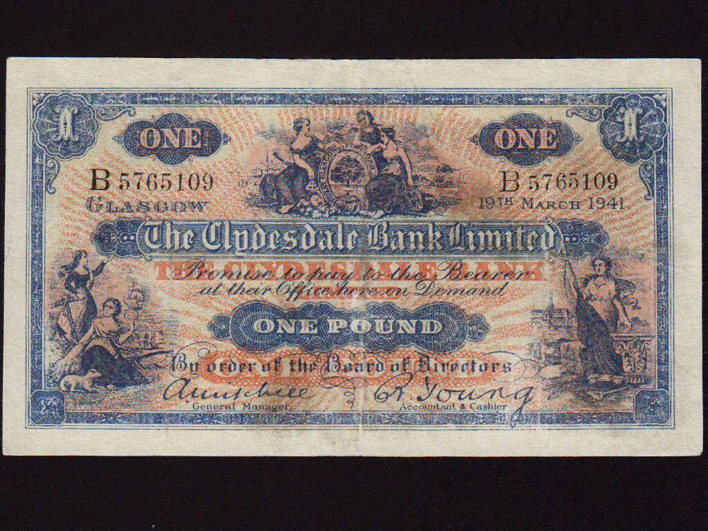 Scotland:P-189b,1 Pound,1941 * Clydesdale Bank Ltd * EF- *