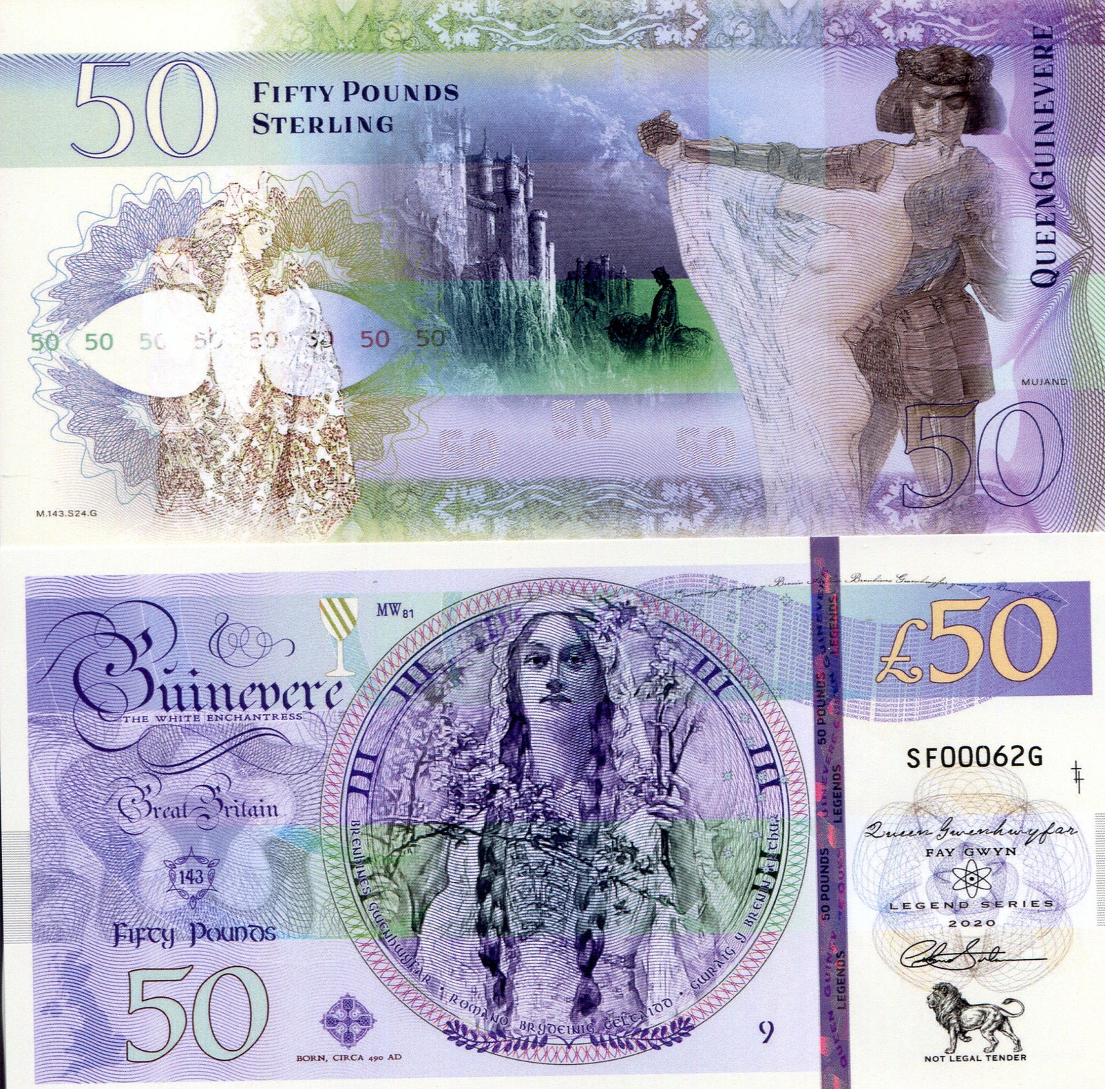 GREAT BRITAIN 50 POUNDS STERLING POLYMER FANTASY ART NOTE BY MUJAND GUINEVERE!