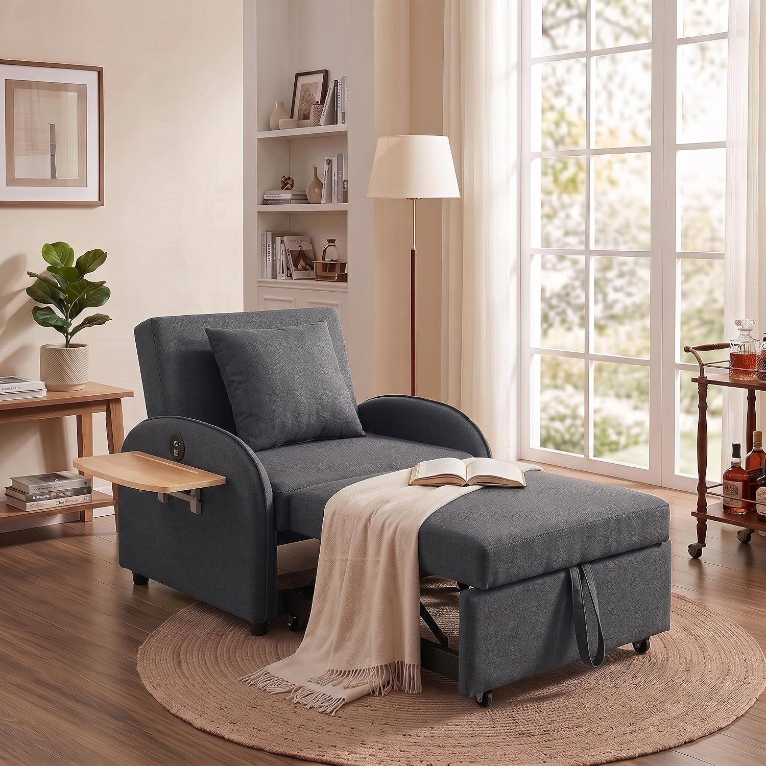 Sleeper Chair with Pull Out Bed, 5 in 1 Single Sofa Bed, Gray | Adjustable Backr