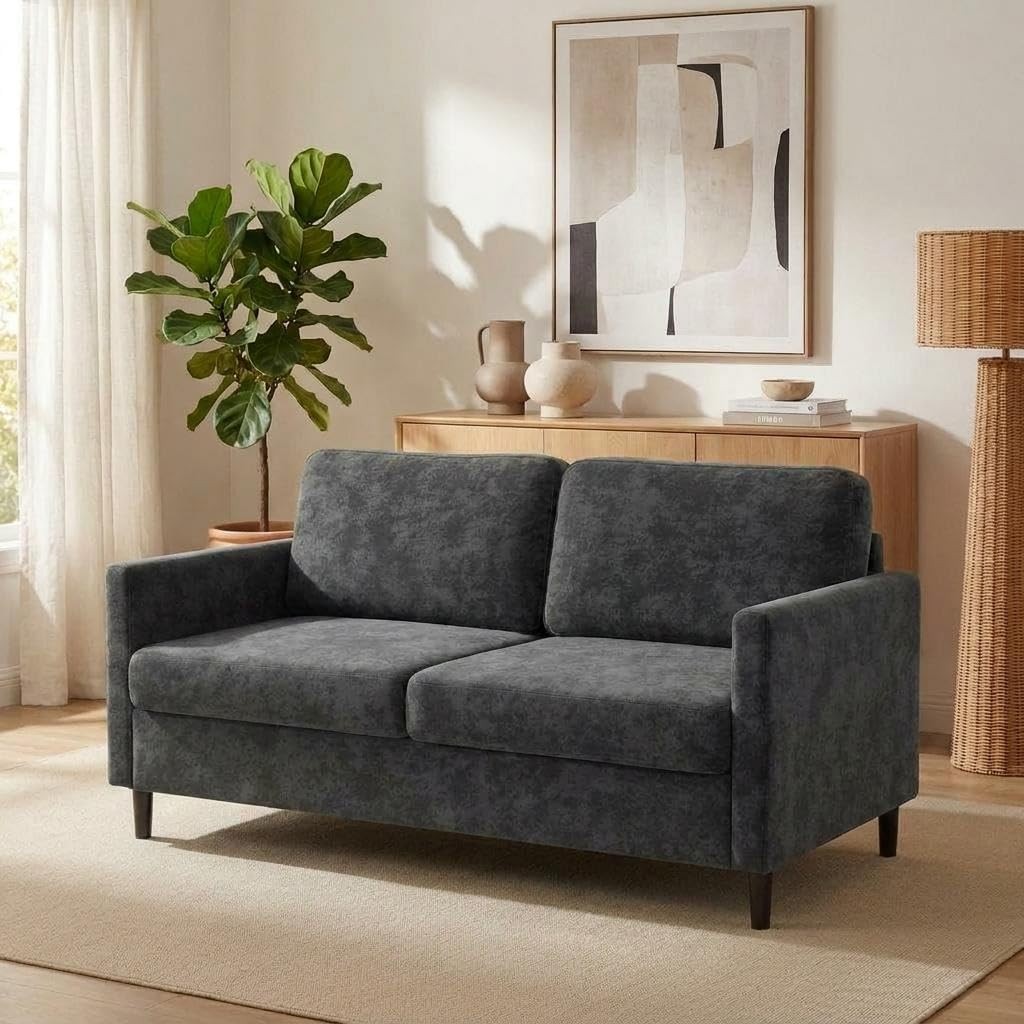 2-Seater Loveseat Sofa Compact Faux Linen Couch Wide Back Easy Assembly Home