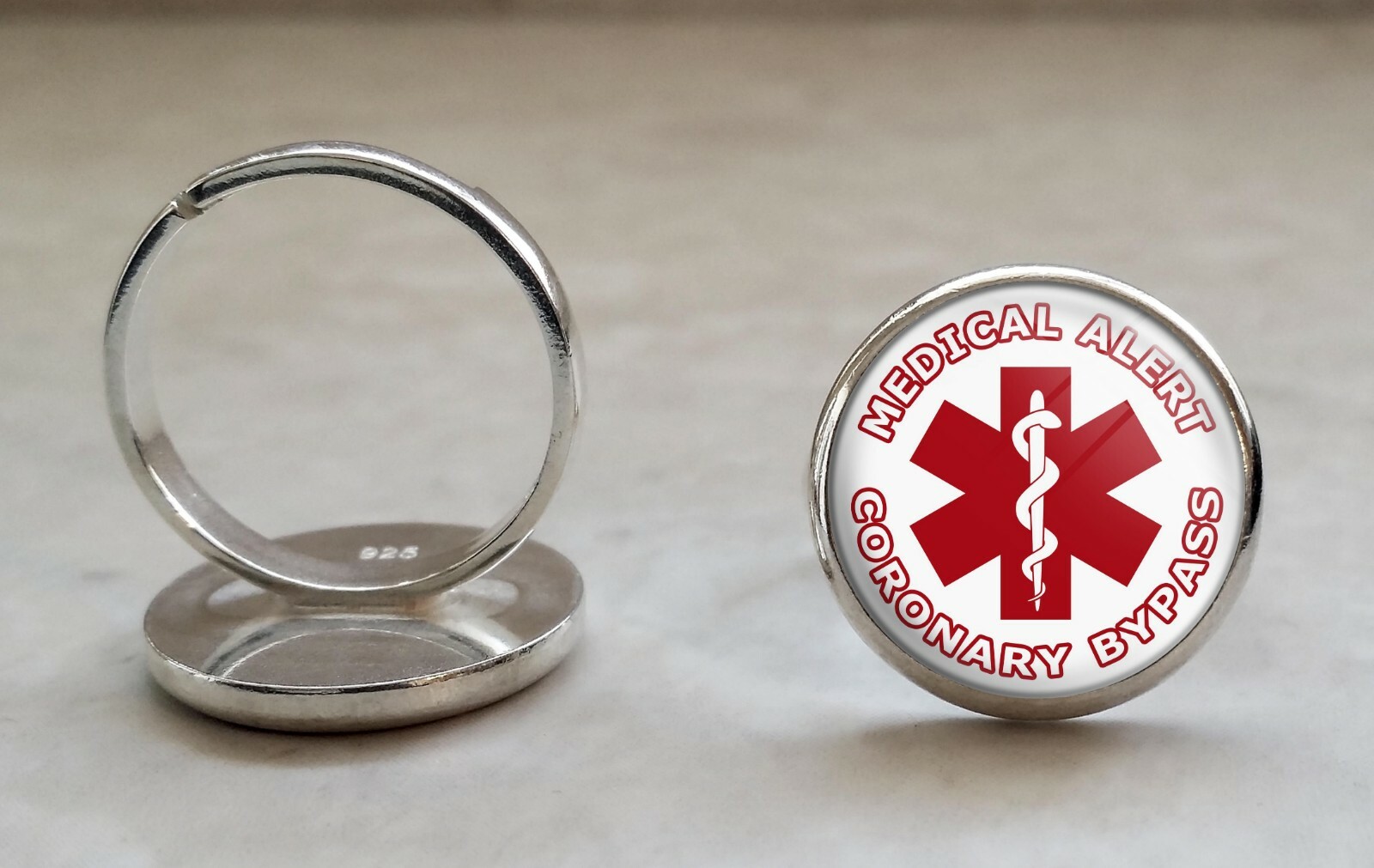 Coronary Bypass Medical Alert 925 Sterling Silver Adjustable Ring