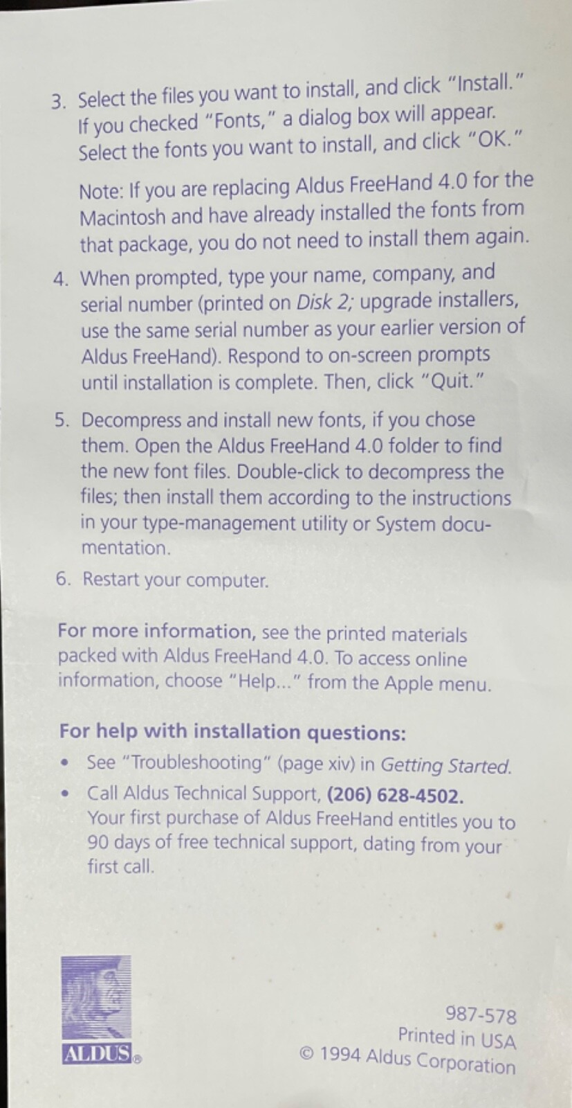 Aldus FreeHand 4.0 for Power Macintosh • Includes a "Quick Startup Guide" • 1994