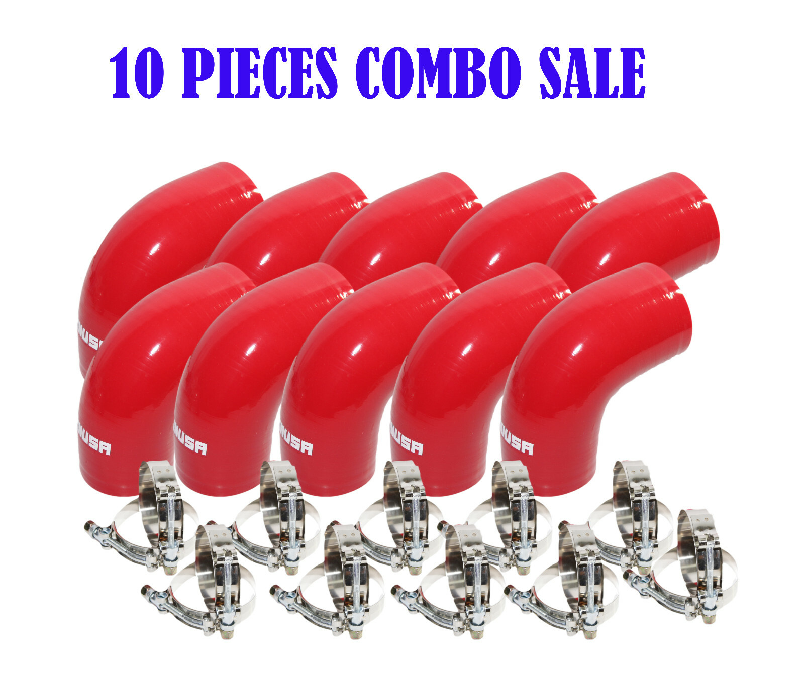 10SET Universal RED 4PLY 1x90 Degree 2.25" ID Silicone+ 2xStainles Steel T-clamp