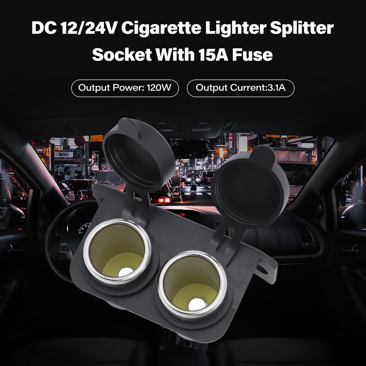 DC 12V Cigarette Lighter Socket with Blade Fuse 15A, 2 Socket Cigarette Lighter