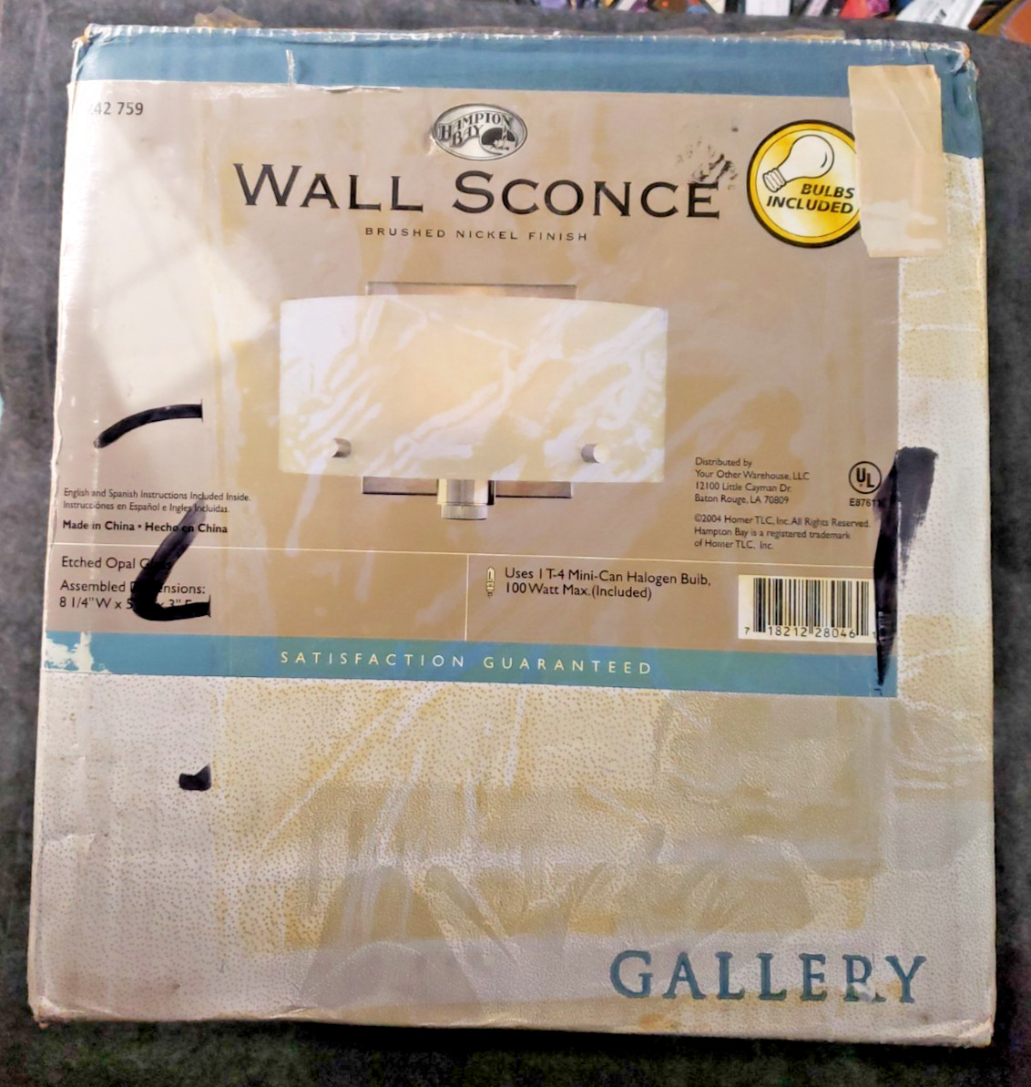 Hampton Bay 1-Light Brushed Nickel Wall Sconce halogen bulb.............(SLF3-4)