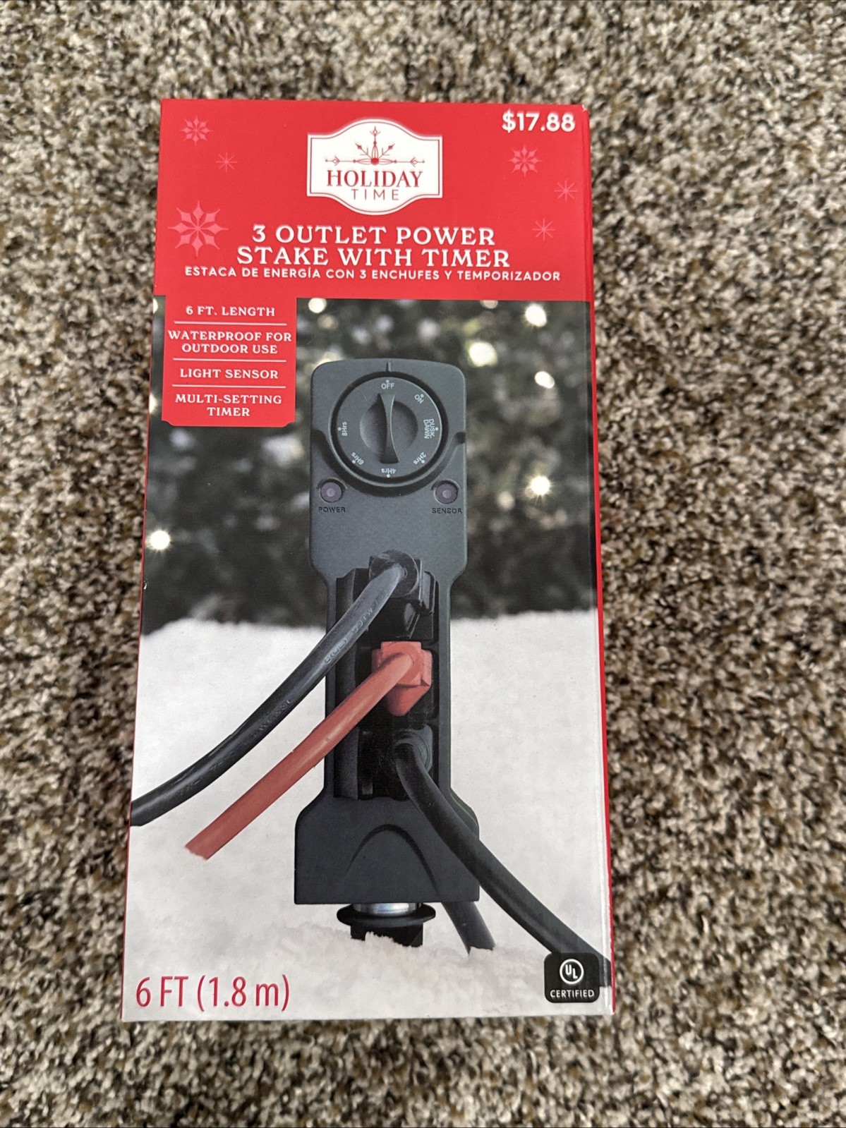 Holiday Time 3 Outlet Power Stake with Timer 6 Ft Cord Light Sensor BNIB