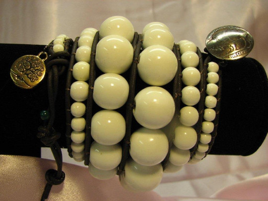 Greek Leather Wrap Bracelet White Porcelain with Tree of Life Charm # 103