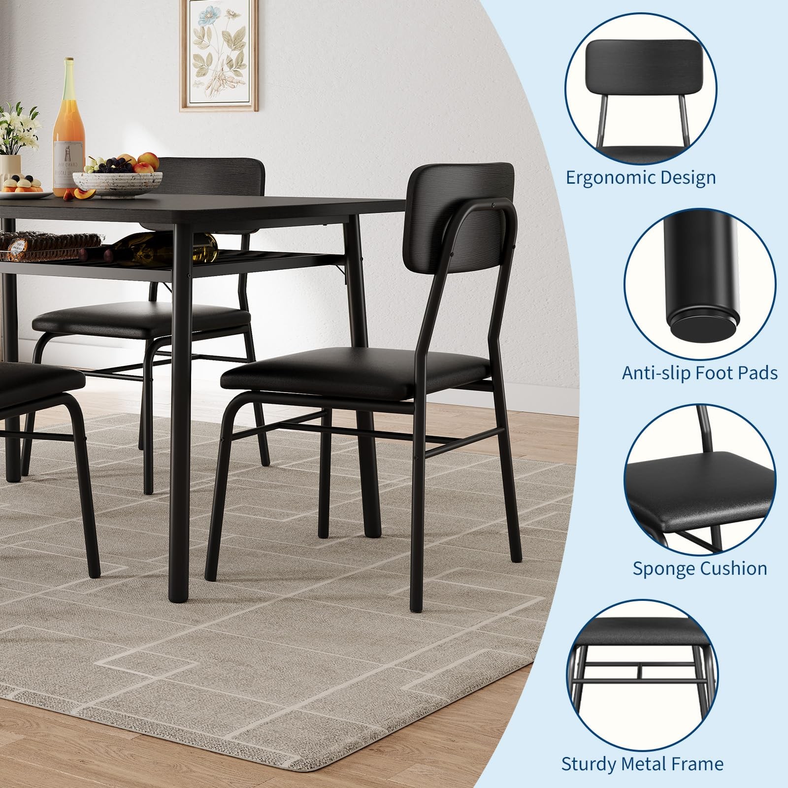 Dining Table Set for 4 with Storage Rack, Chairs w/ Upholstered Chairs Table Set