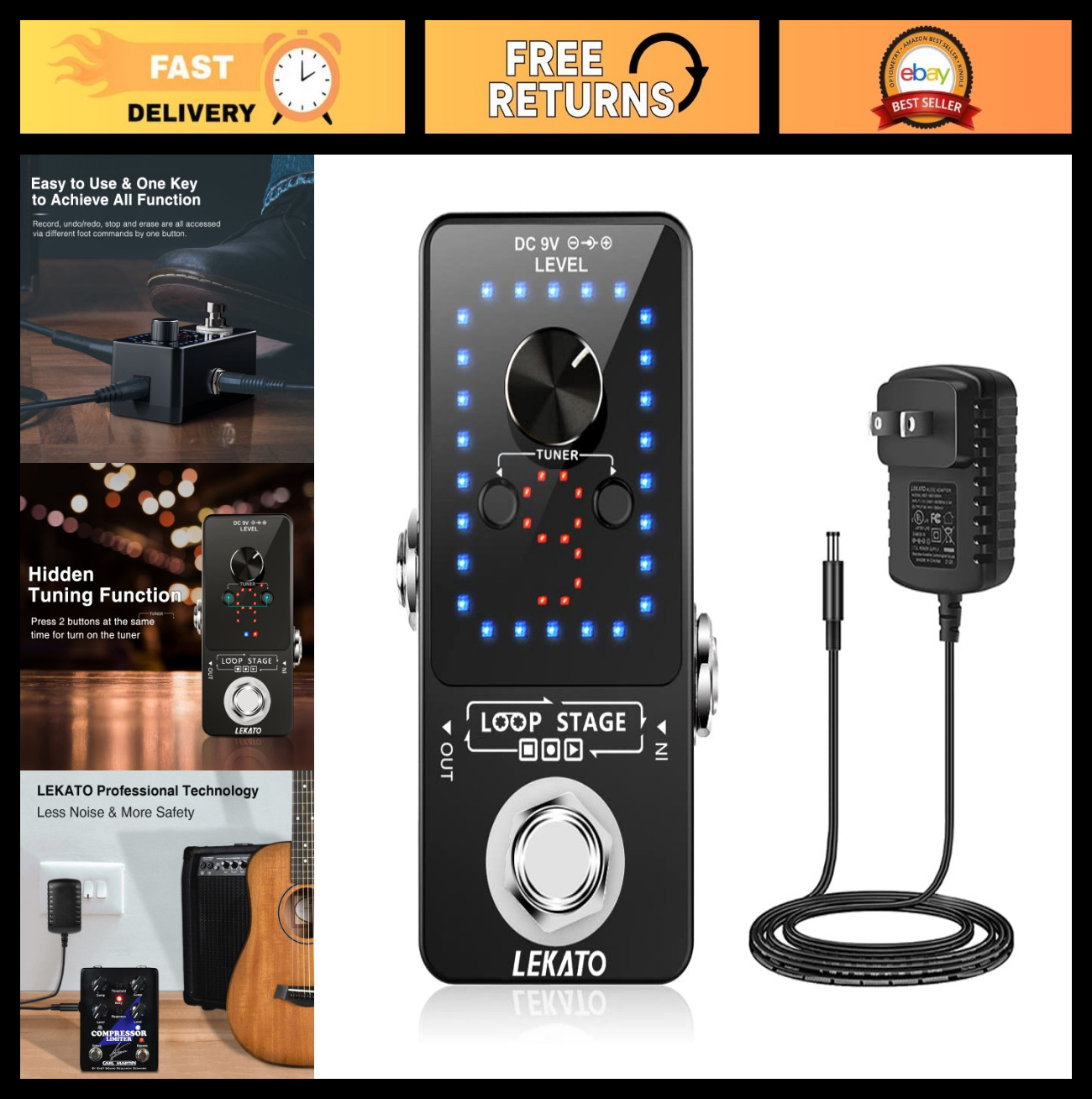Guitar Looper Pedal with Tuner, 9 Loops, 40 Min Record Time, USB & Power Adapter