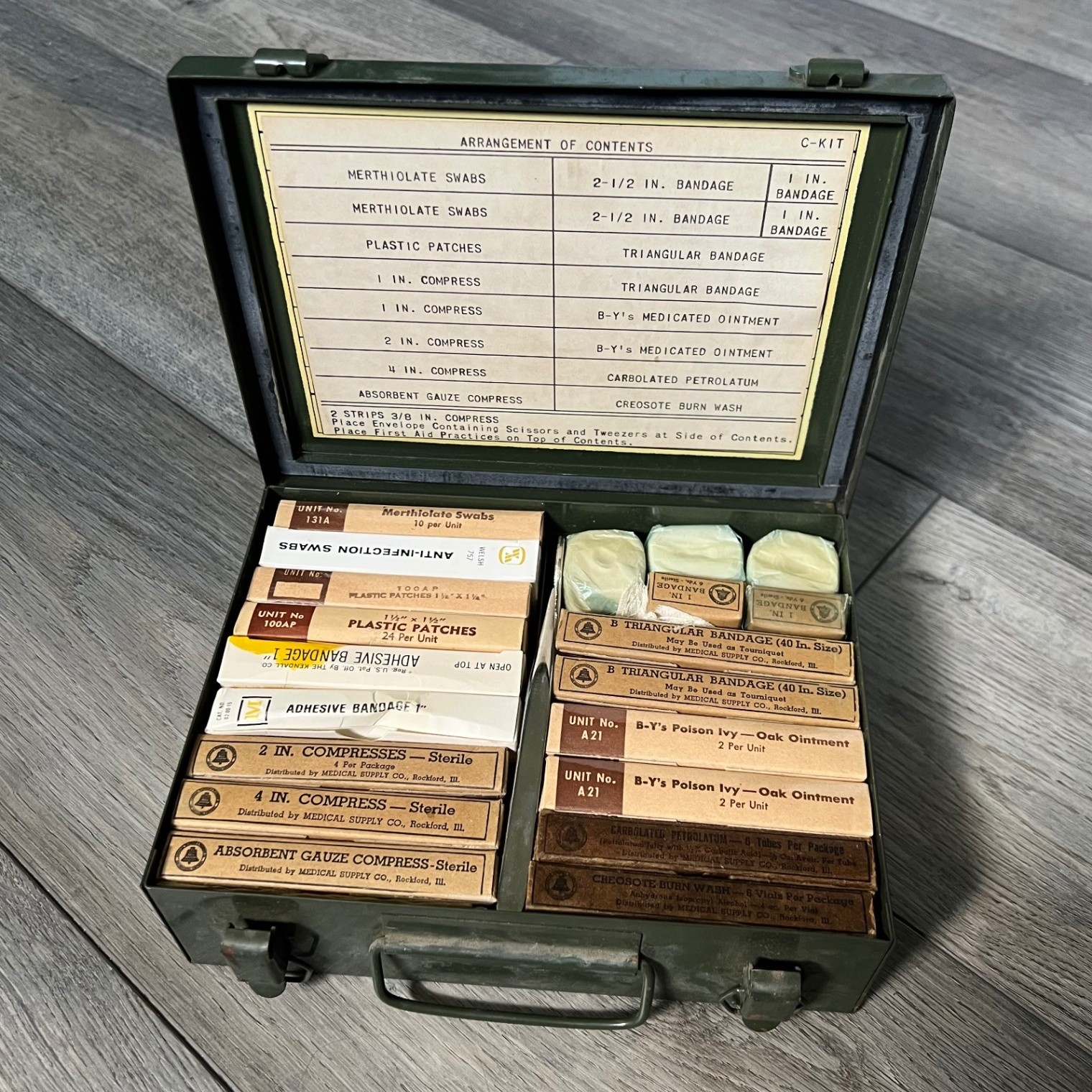 Vintage Bell Telephone System Metal First Aid Safety Kit C-Kit w/ Contents WW2