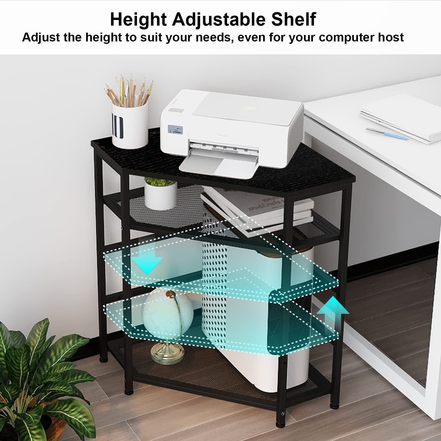 Corner Printer Stand Table with Power Outlet Charging Plugs USB Port Adjustab...