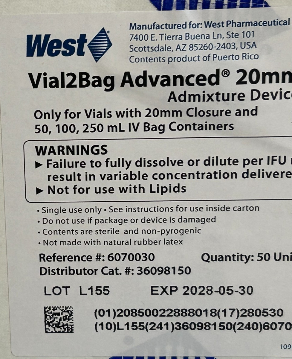 WEST VIAL2BAG ADVANCED 20MM ADMIXTURE DEVICE 6070030 Box of 50 2028