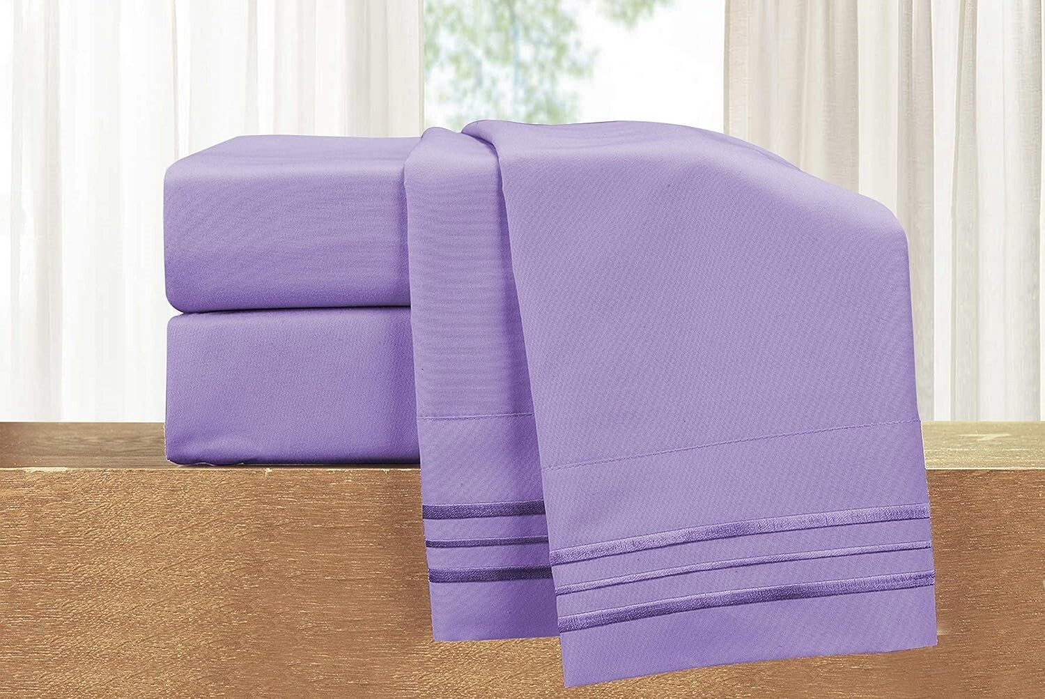 eLuxury Microfiber Sheet Set 3 Line Embroidery ~ Full/Double ~ Lilac Blush *NEW*