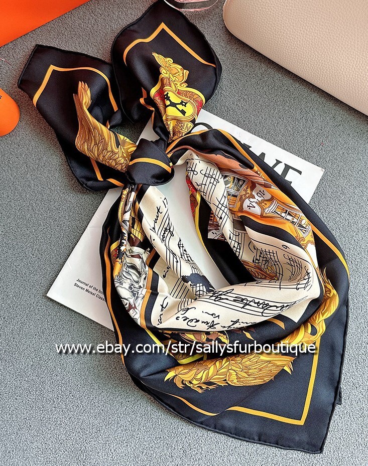 Sallys Boutique Violin Print 18 Momme Twill Silk Wrap Scarf Shawl 35" Black/Gold