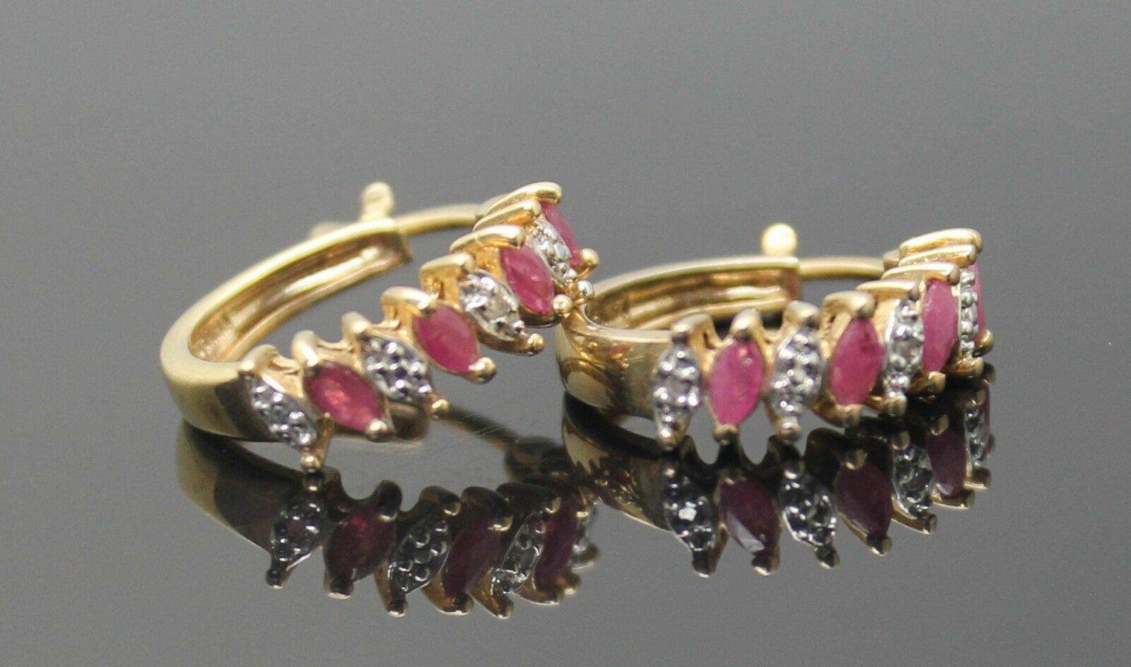 GRACEFUL VINTAGE GENUINE RUBIES DIAMONDS GOLD PLATED STERLING SILVER EARRINGS
