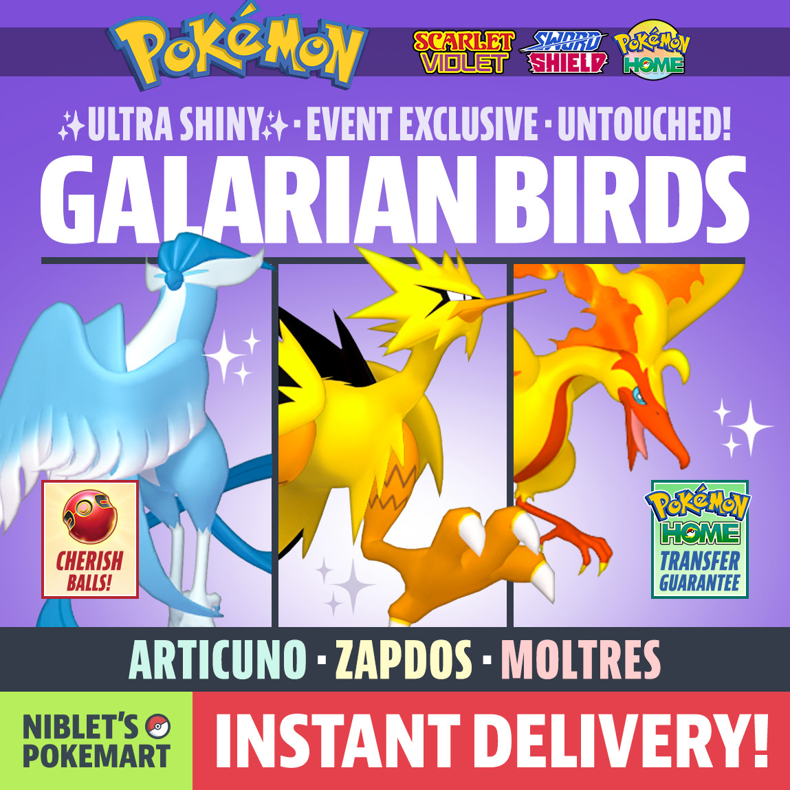 ✨ SHINY GALARIAN BIRDS ✨ ARTICUNO ZAPDOS MOLTRES ✨ Pokemon Scarlet Violet Sw Sh!