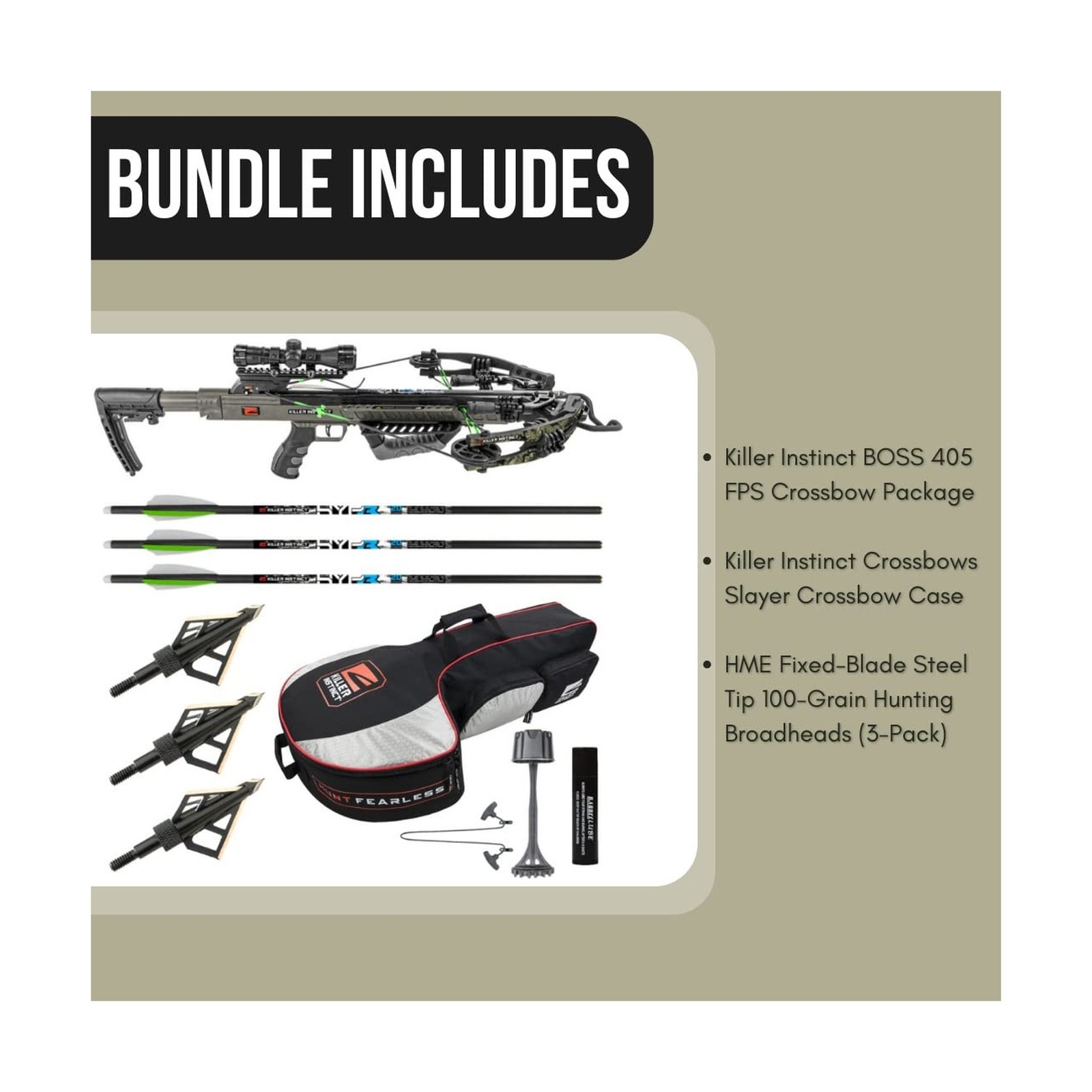 Killer Instinct Boss 405 FPS Crossbow Package with Backpack Case and Broadhea...