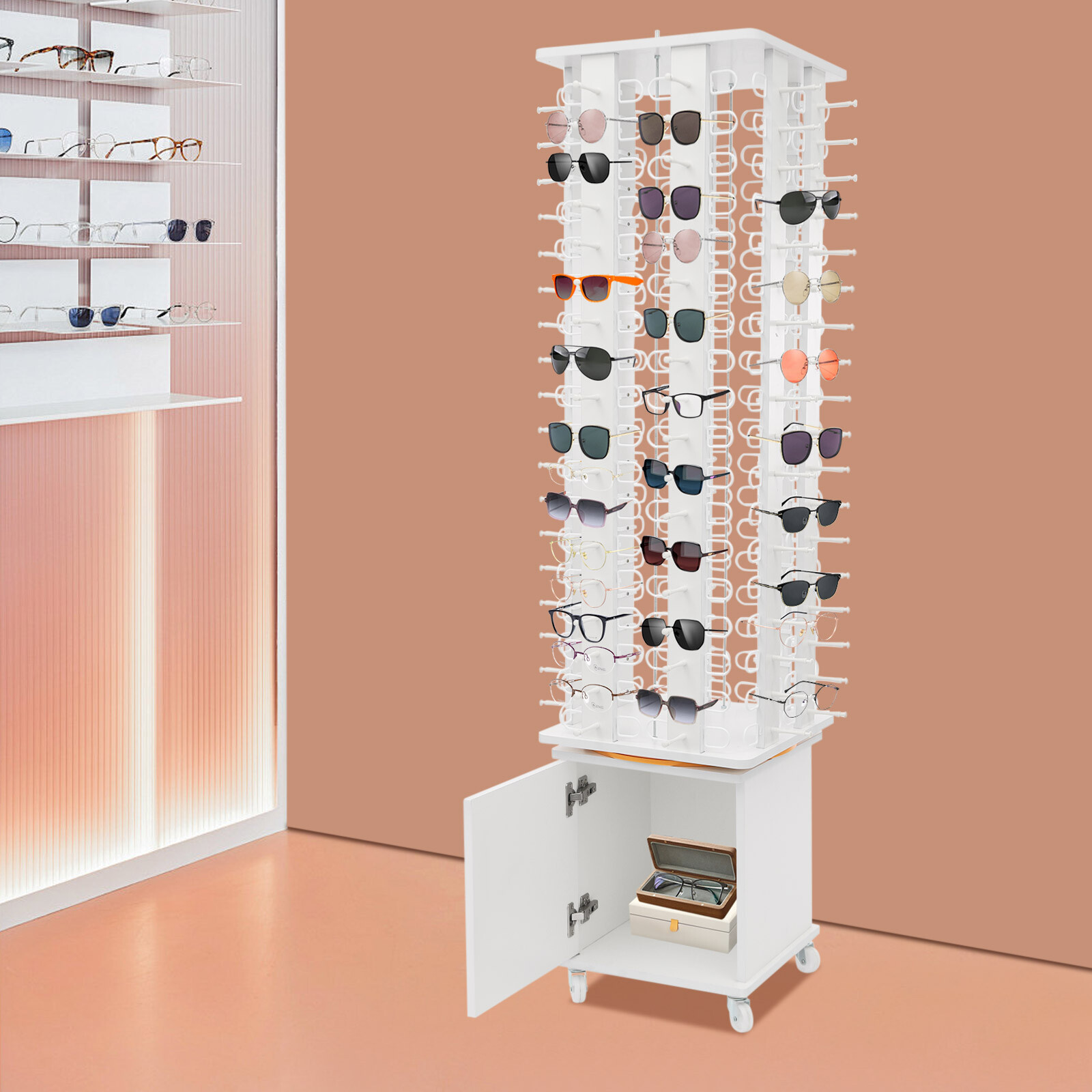 Glasses Storage Display Stand, Floor-standing Sunglasses Organizer With Wheels