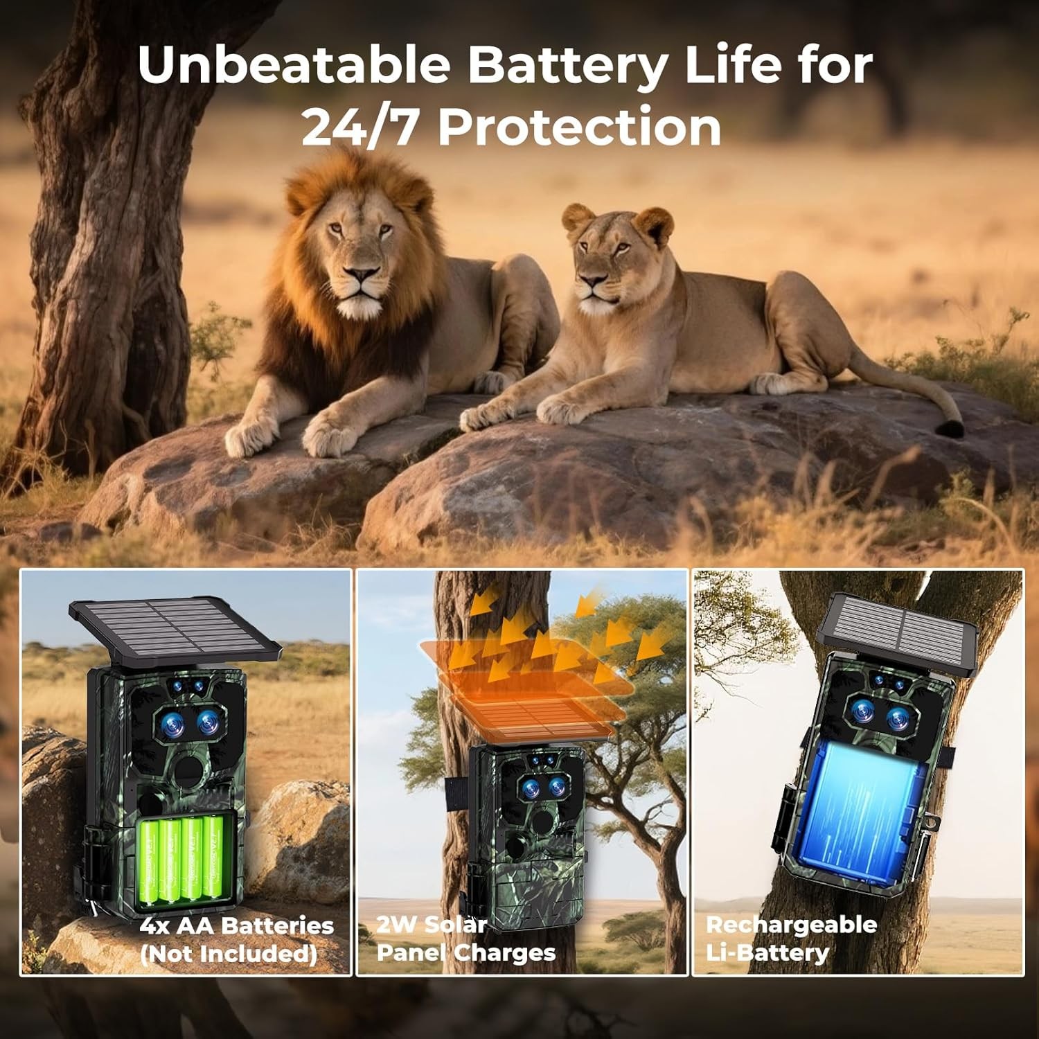60MP Solar Trail Camera 4K Scouting Wildlife Hunting Game Cam Starlight Vision