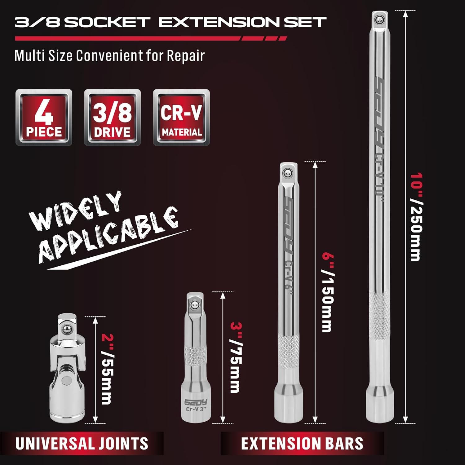 4-Piece 3/8" Drive Socket Extension Bar Set, Professional Socket Extension Set I