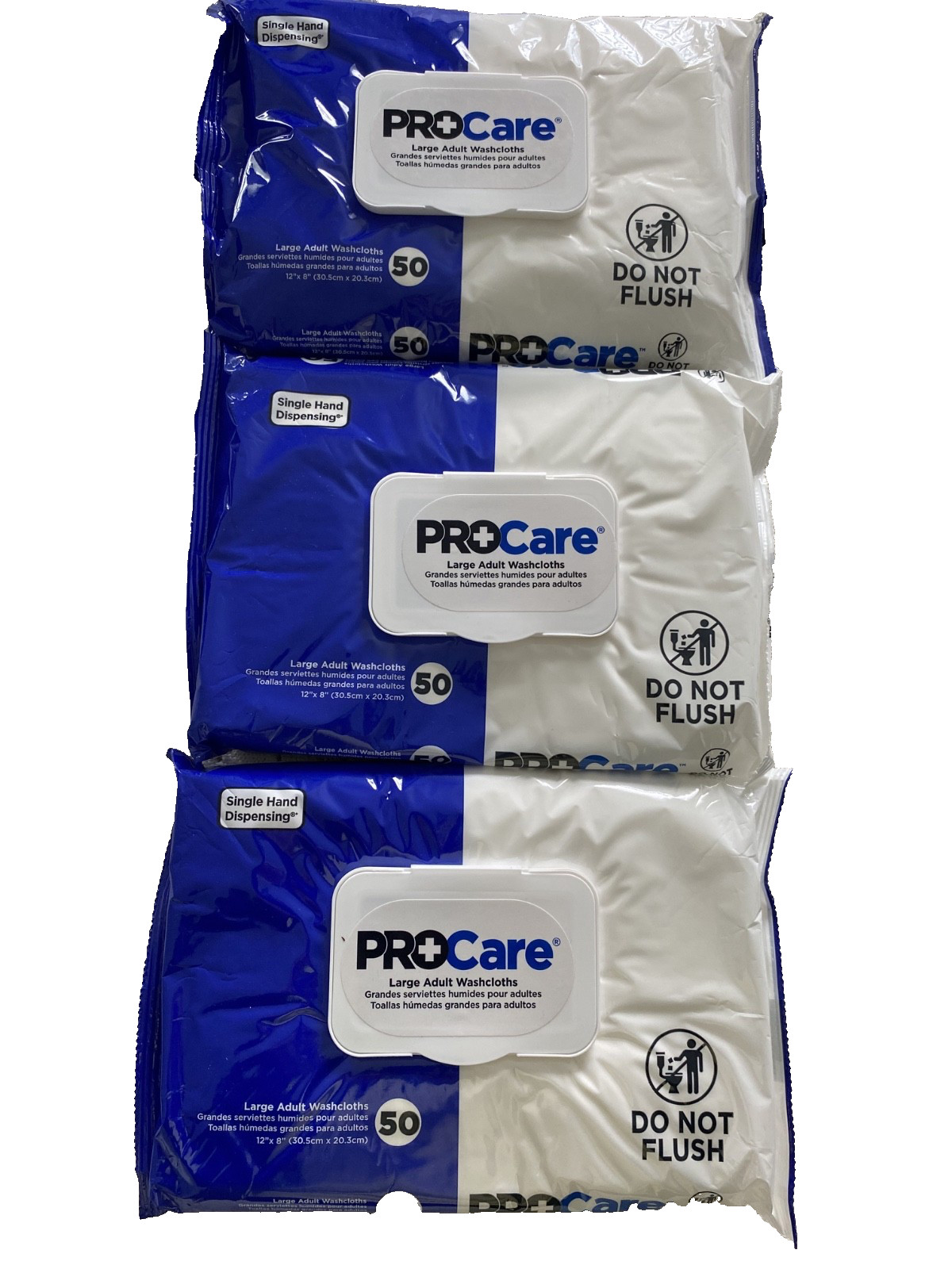 PROCARE LARGE ADULT WASHCLOTHS, THREE  (3) PACKS of 50 EACH, NEW & FREE SHIP