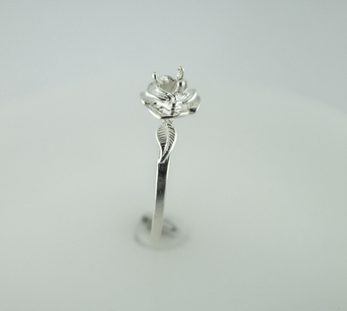 3 mm Round Rose with Leaf Sterling Silver Ring Setting