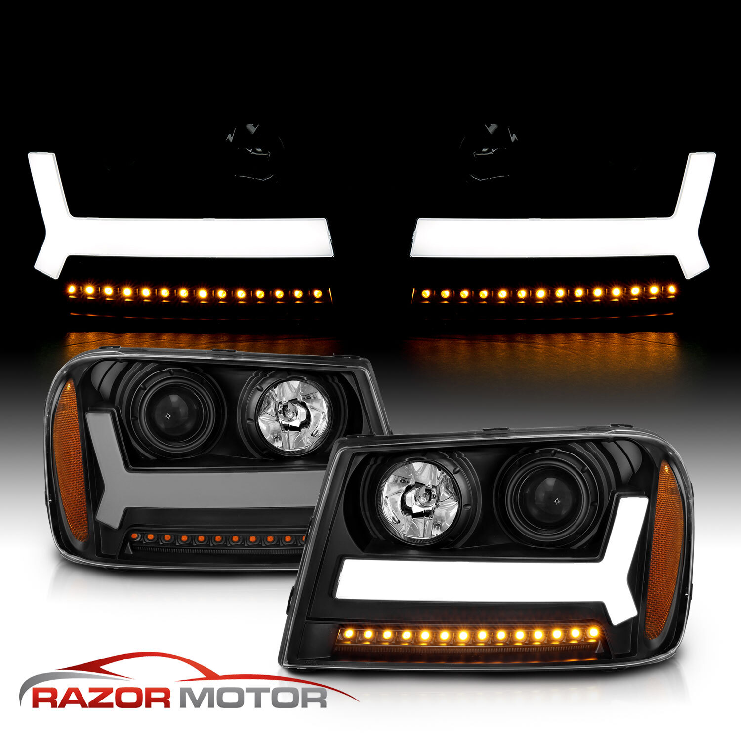 For 2006-2009 Trailblazer Black Headlights LED bar Headlight pair