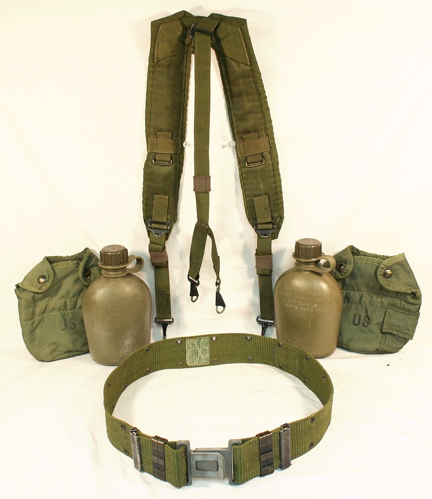 USGI LARGE GREY Buckle Pistol Belt Suspenders 2 Plastic Canteens Pouches Set VGC