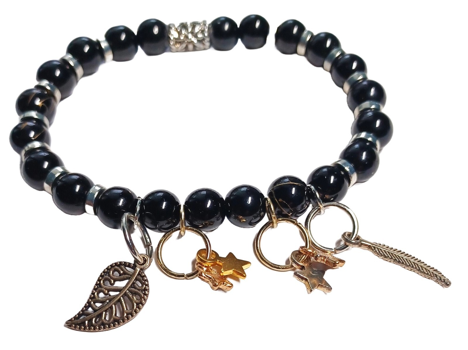 Beaded Dangling Charms Black Glass Bracelet