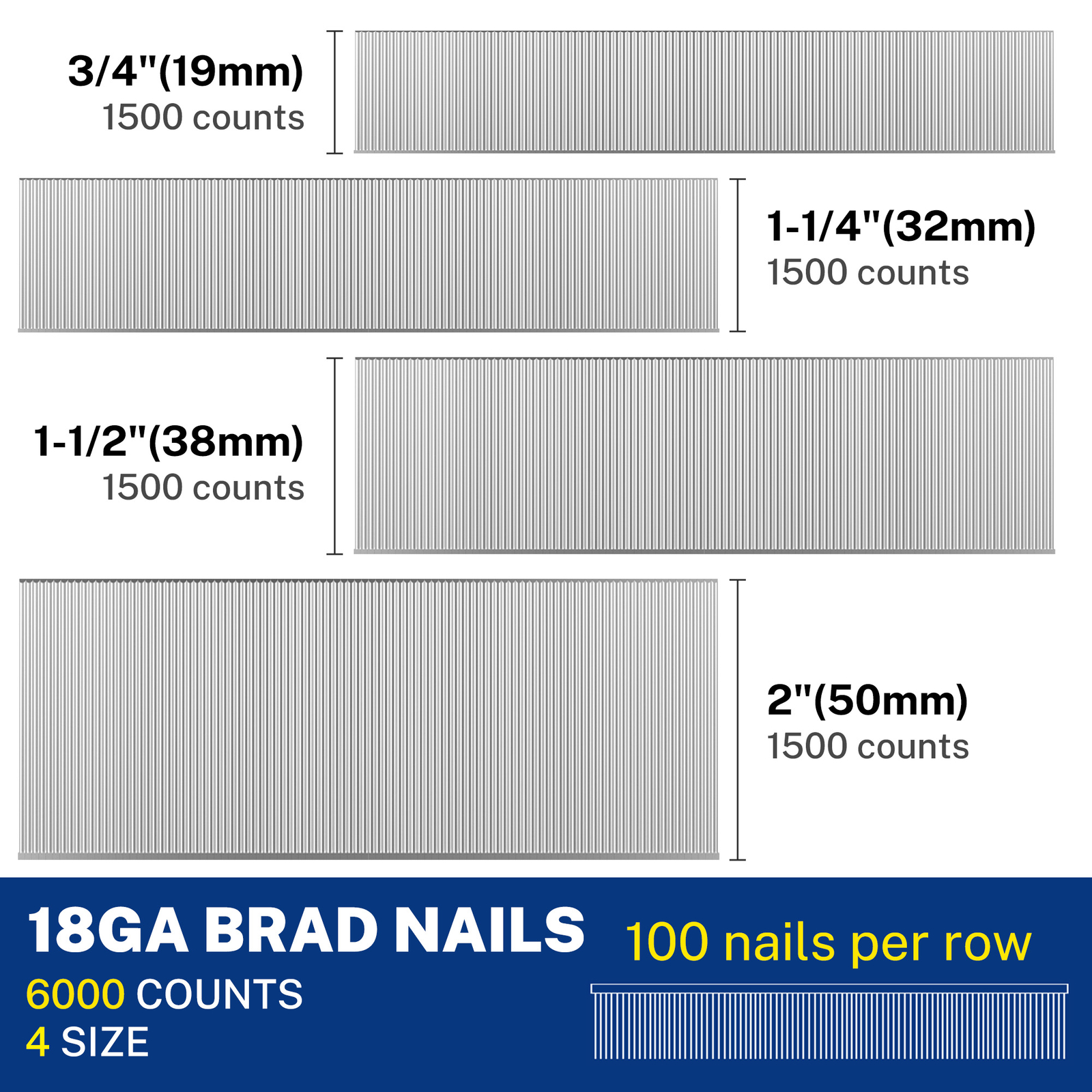 WORKPRO 18 Gauge Brad Nails 2'' 1-1/2'' 1-1/4'' 3/4'' 6000 Count Universal Nails