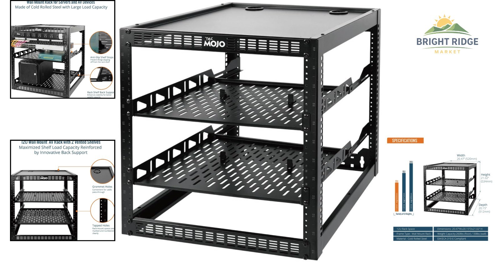 12U Open Frame Network Rack for IT & AV Gear, AV Rack Floor Standing or Wall ...