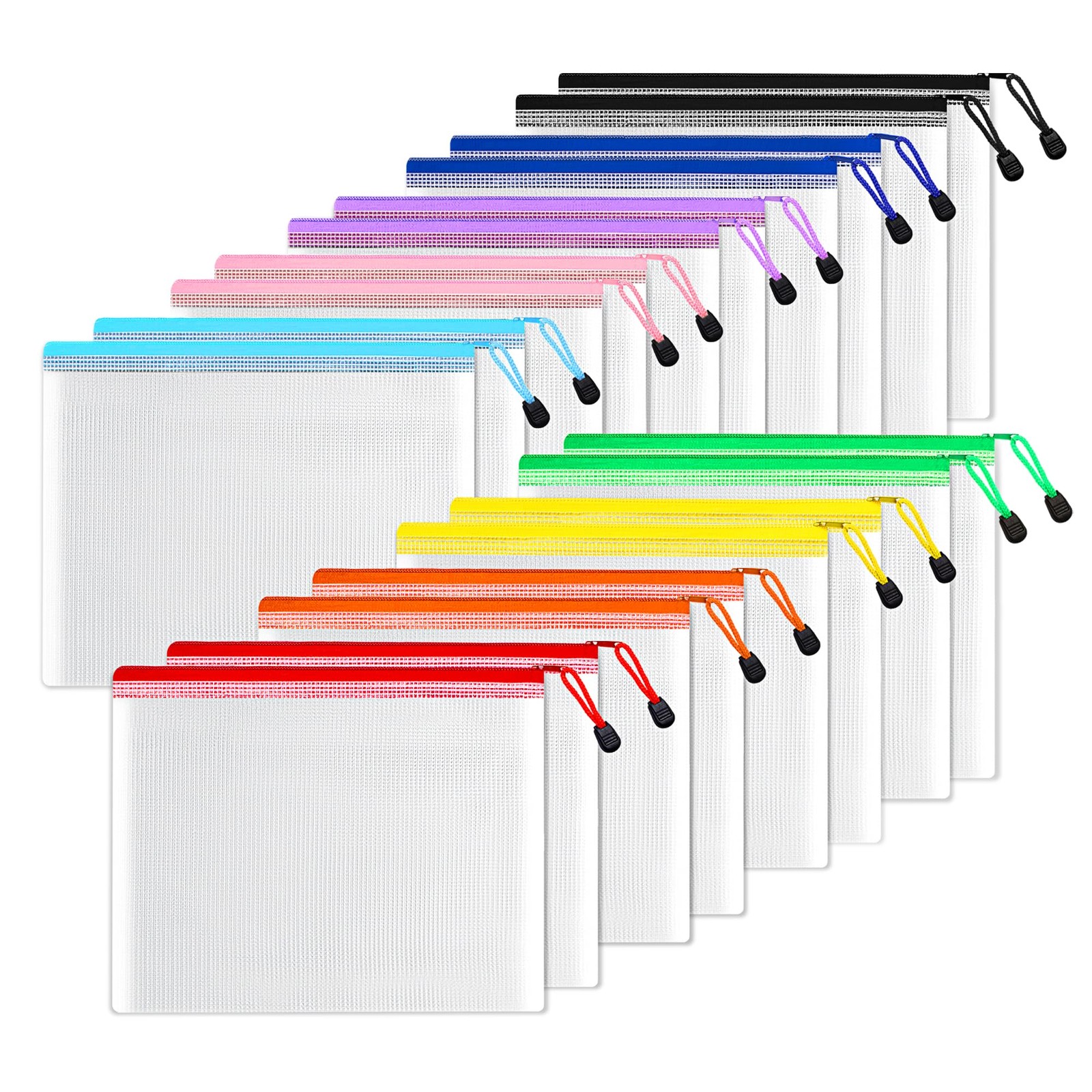Plastic Mesh Zipper Pouch 7.8x10.8 in 9 Colors, 18 Packs,Extra Large Water-Re...