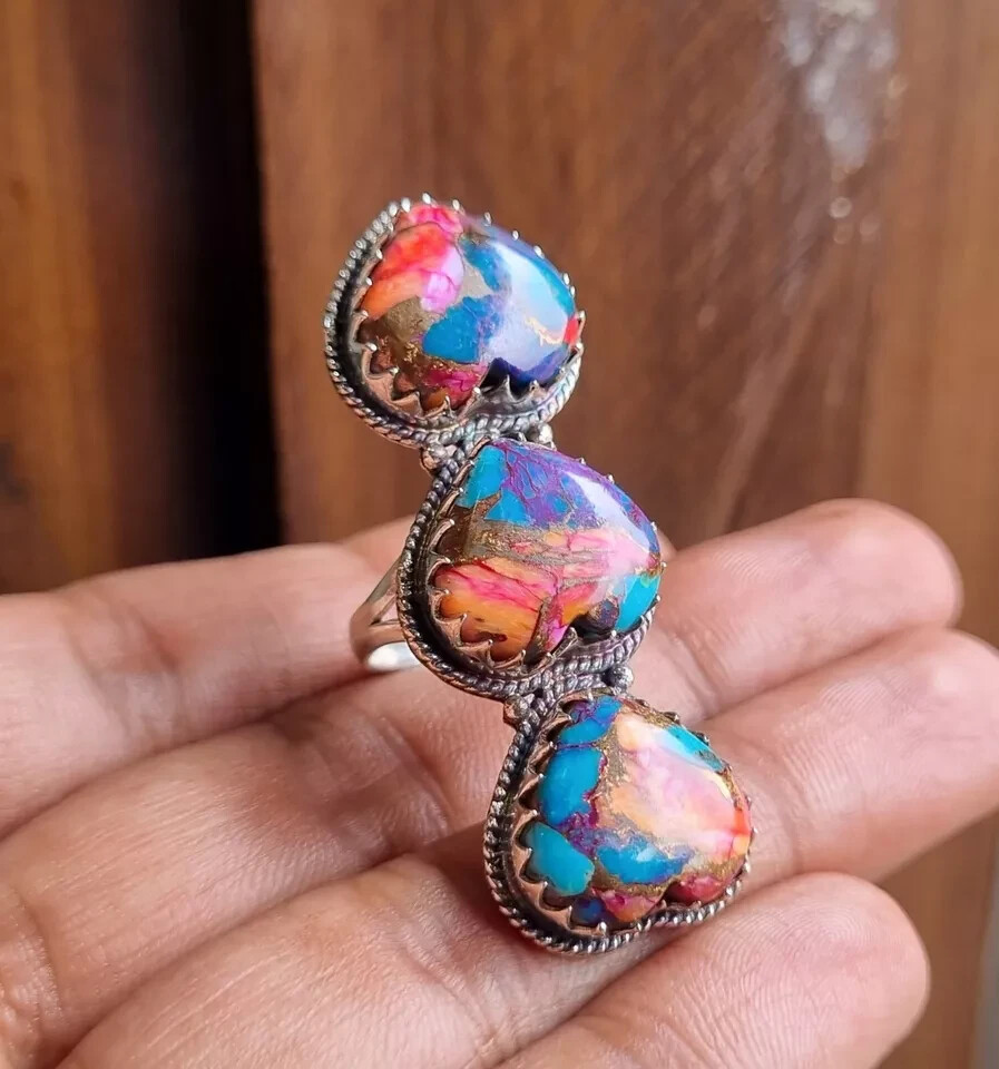 Pink Copper Turquoise Gemstone Ring 925 Sterling Silver Handmade Gift Ring MK*