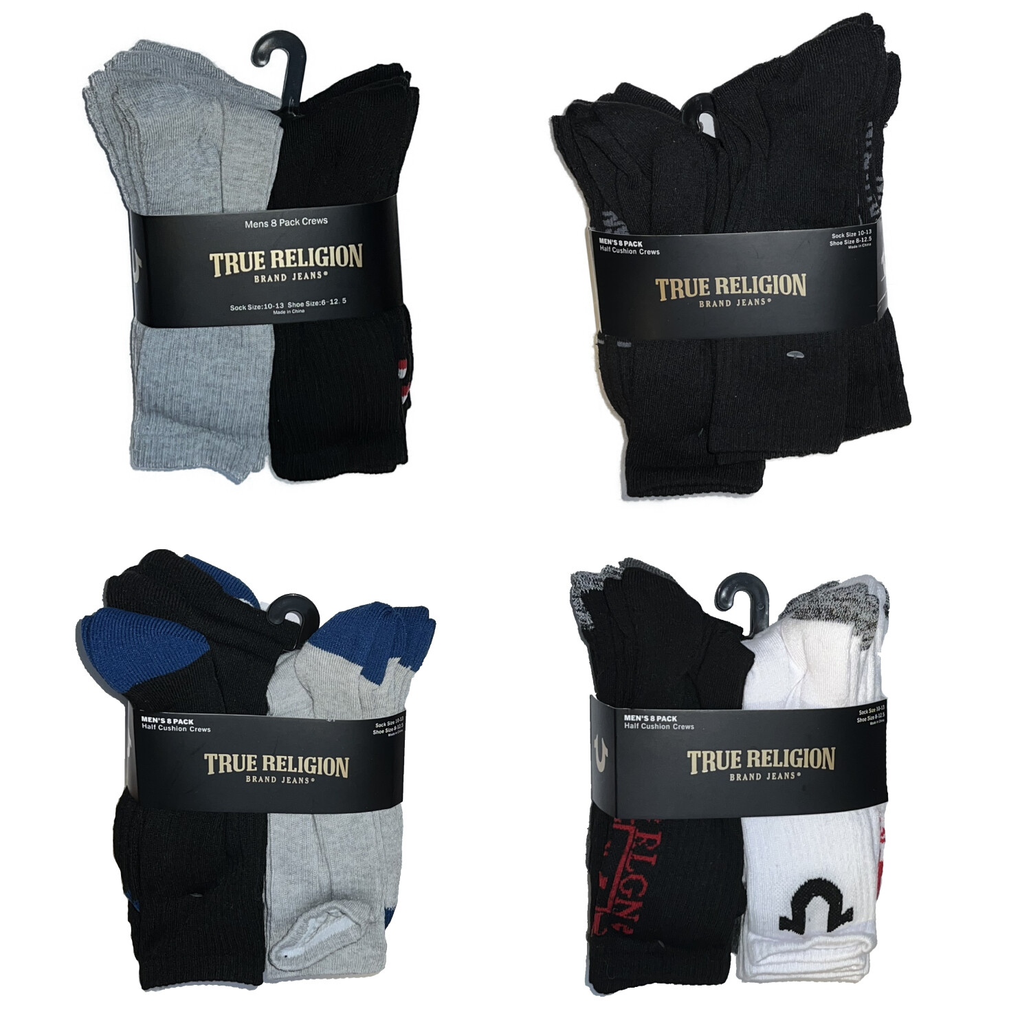 True Religion Men’s 8 pack Half cushion crew socks Large size 8-12.5 NEW w TAGS