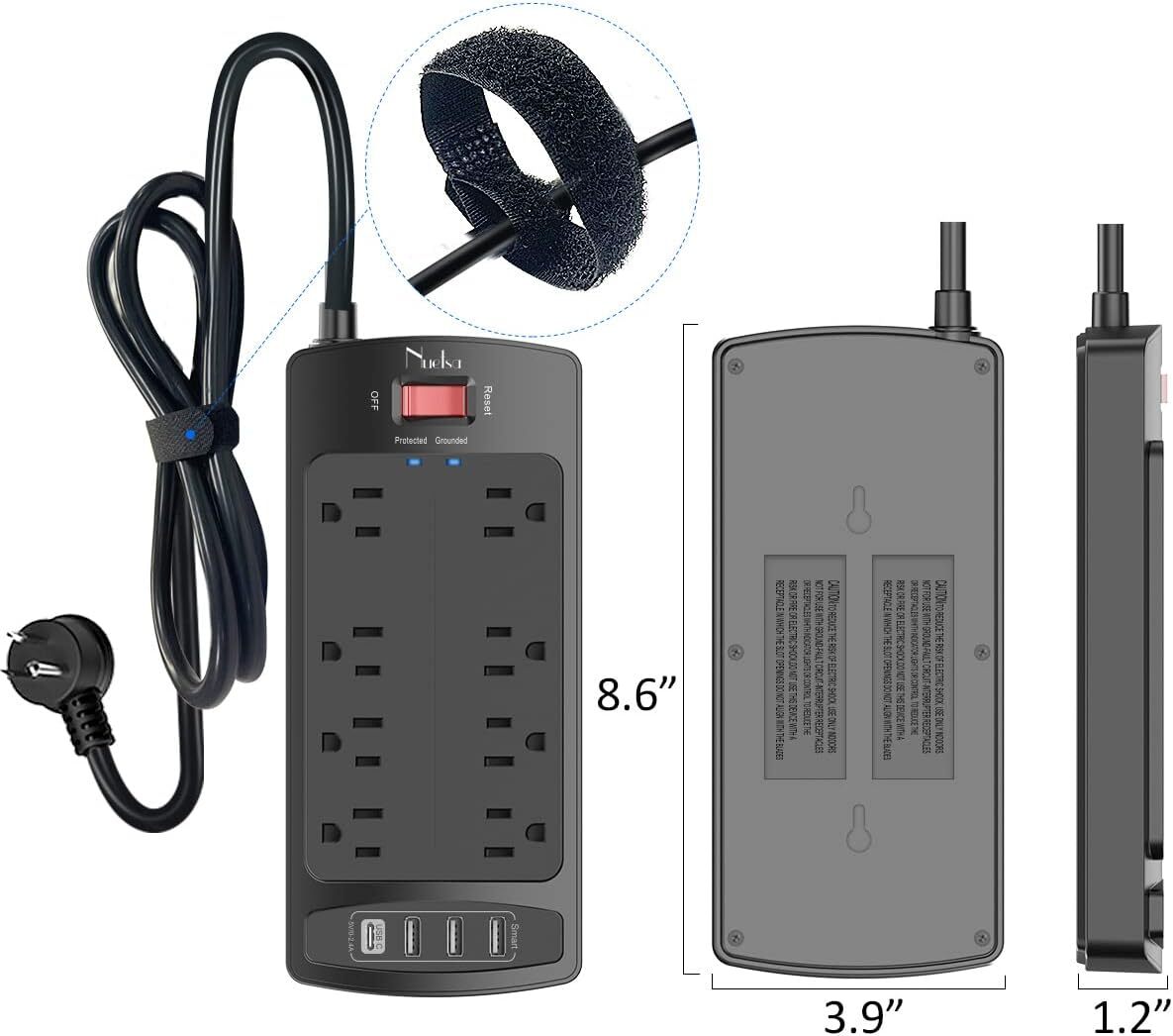 Surge Protector Power Strip - Nuetsa Flat Plug Extension Cord with 8 Outlets and