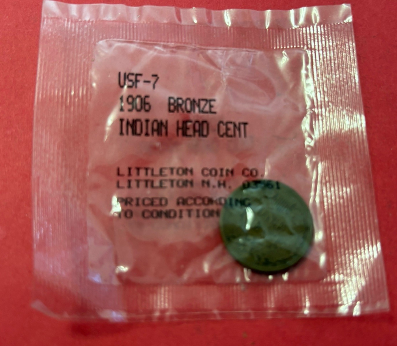 USF-7 Littleton 1906 Bronze Indian Head 1 Cent Coin Sealed