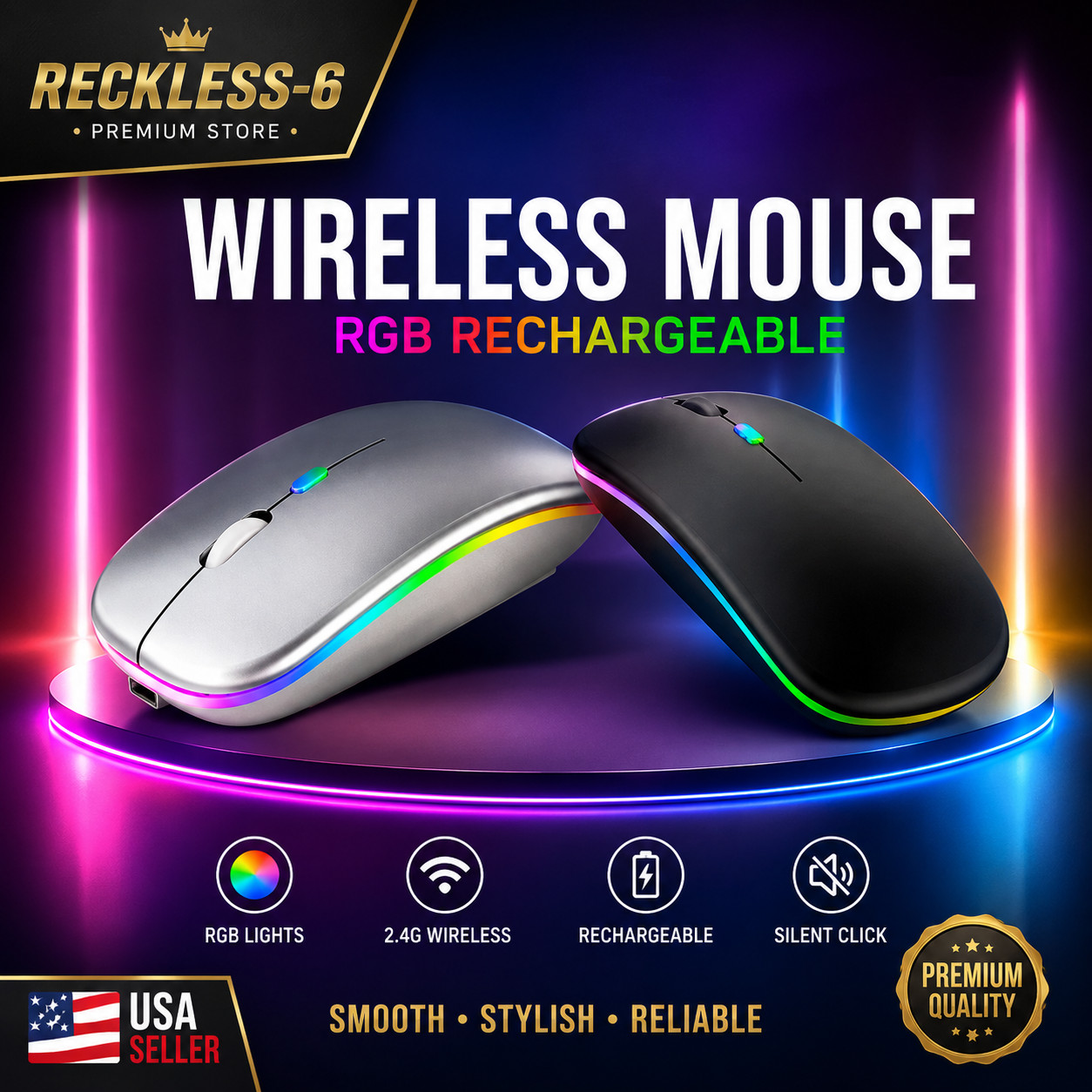 RGB Bluetooth Wireless Mouse Rechargeable Ergonomic USB For PC Laptop iPad