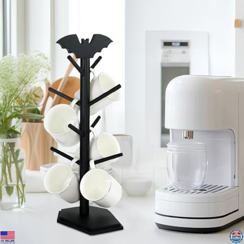 Gothic Bat Mug Holder Tree - 8 Hook Black Coffee Mug Rack for Halloween Kitchen
