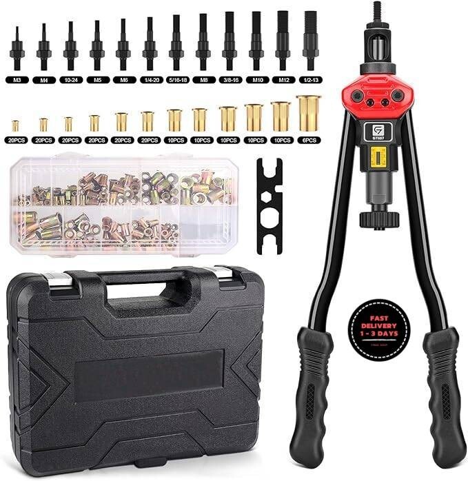 Kit de herramientas para tuercas remachables de 16 pulgadas con 12 mandriles.
