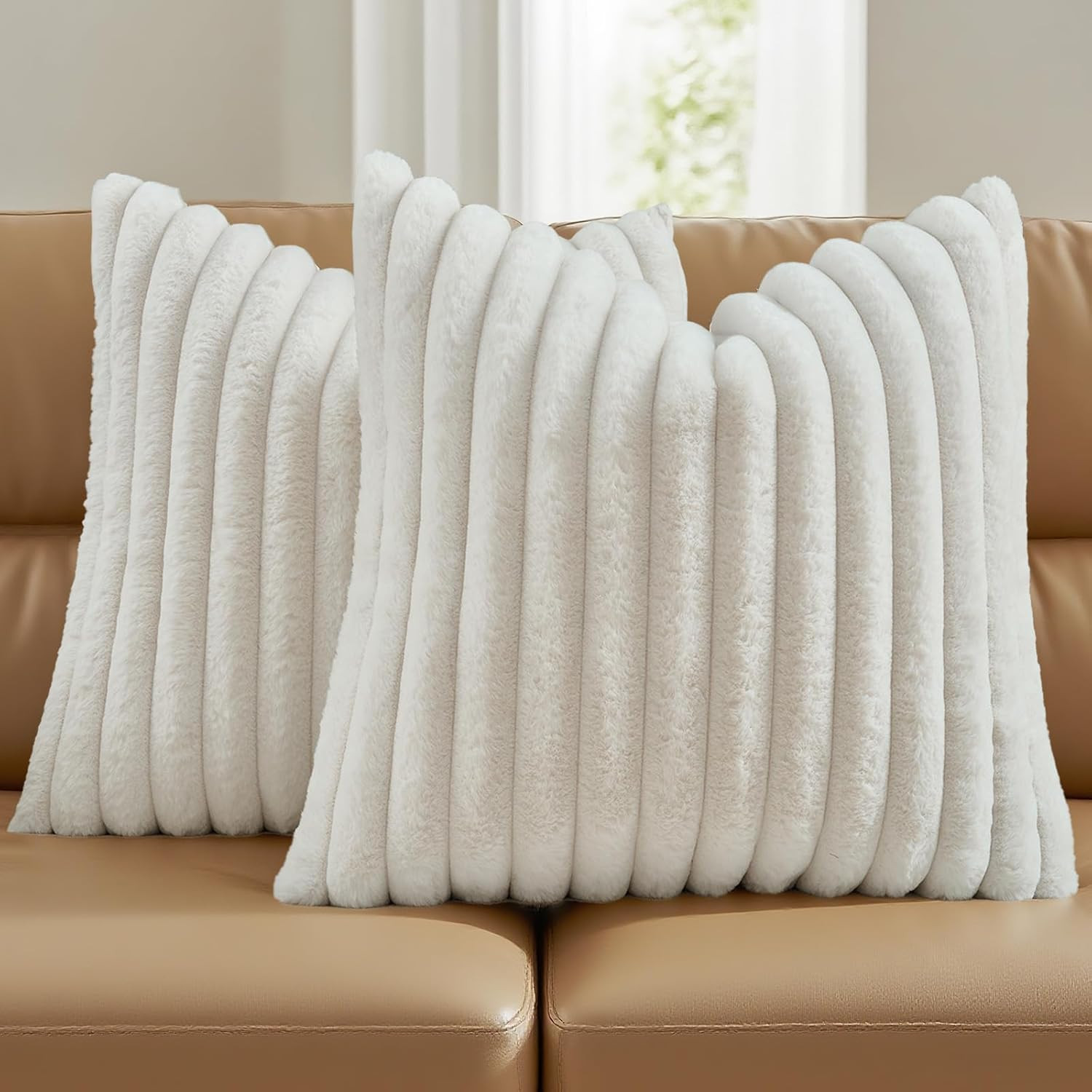 Cream White Throw Pillow Covers Set of 2, 18X18 Inch Soft Faux Rabbit Fur Stripe