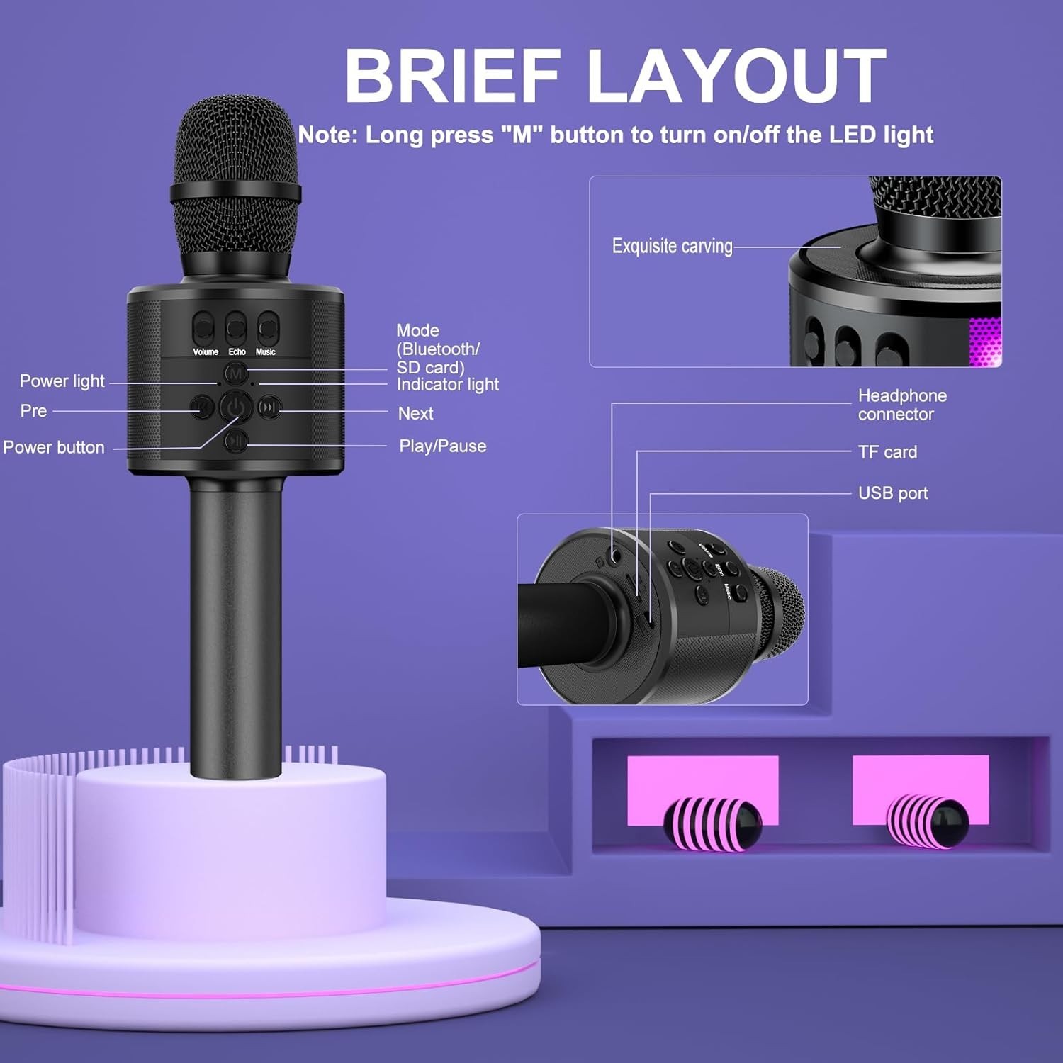 Ultimate Bluetooth Karaoke Microphone for Parties - LED Light Show, Compact Size