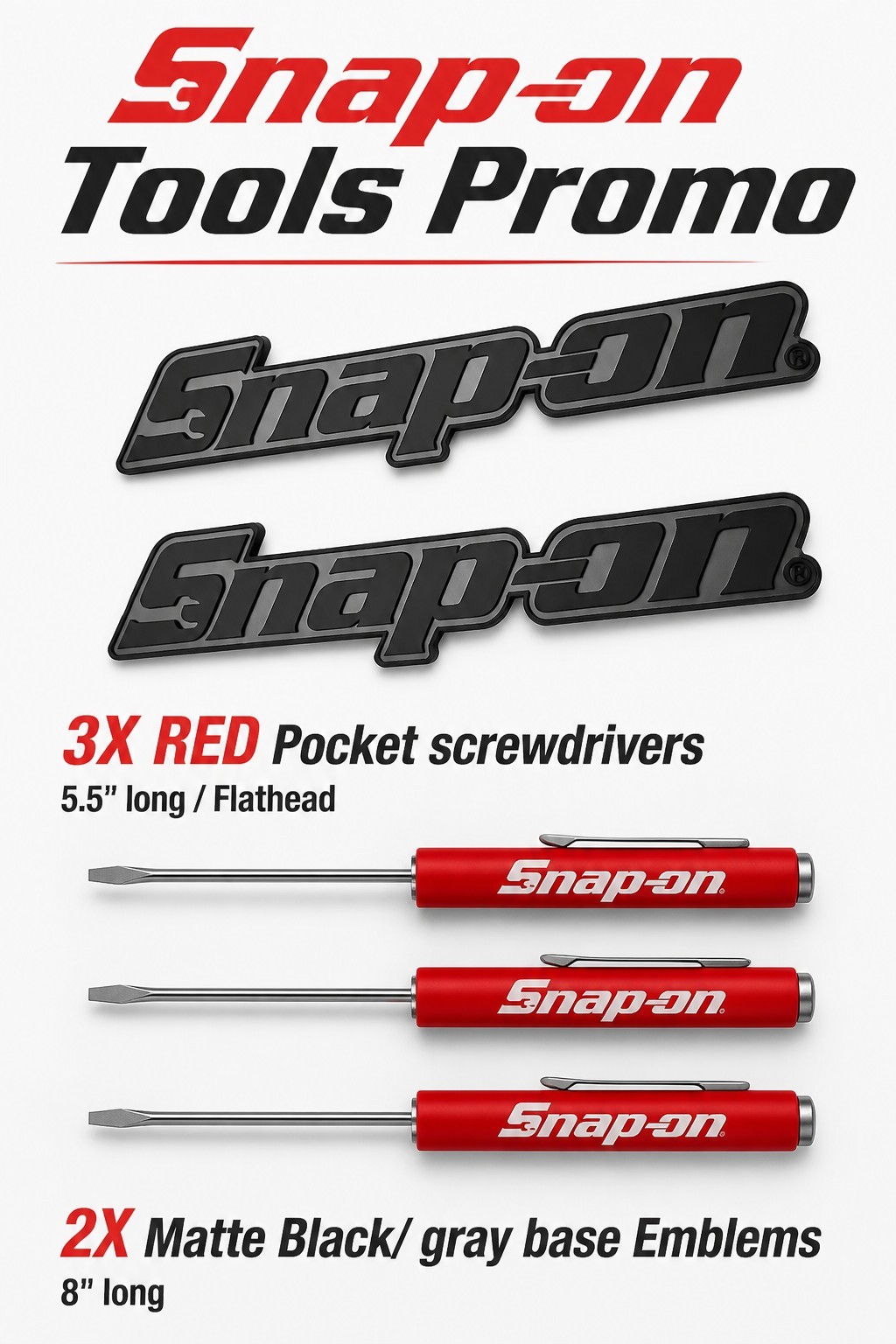 2PK SNAP ON TOOLS LOGO EMBLEM Matte Black Badge Decal+3 Pocket RED Screwdrivers!